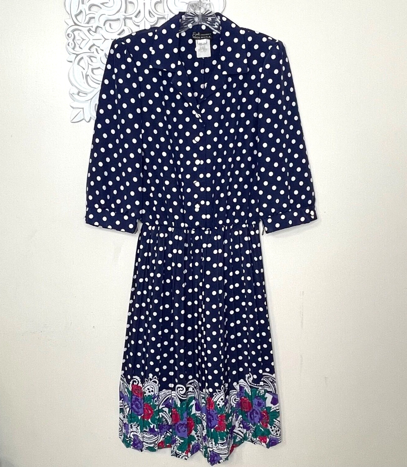 Breli Originals women&rsquo;s size 12 Polka Dot Dress floral hem union Made in USA
