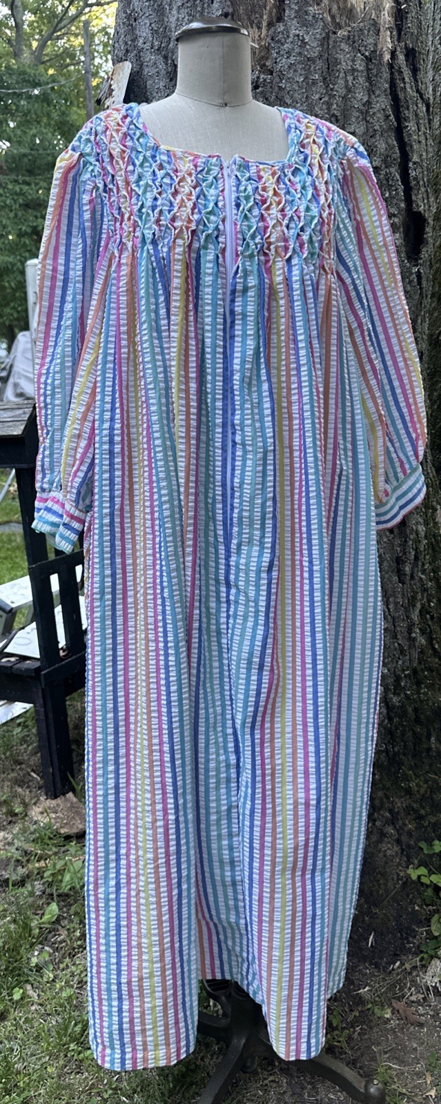 Vintage Saybury Seersucker House dress Robe Maxi Zip Stripes Honeycomb Size 3X