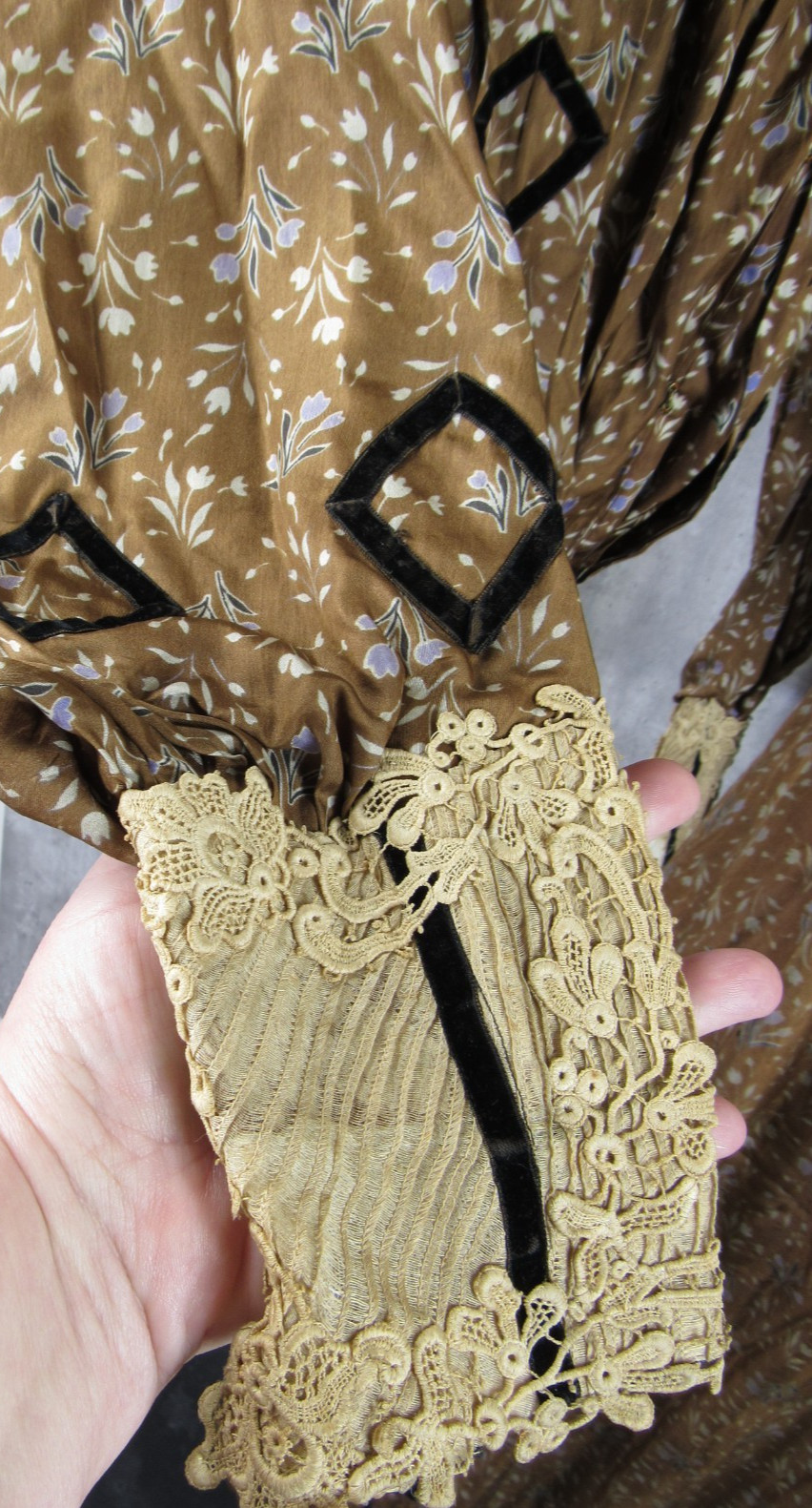 Antique Victorian 1890s Brown & Blue Silk Floral Calico Print Dress Maxi Vintage