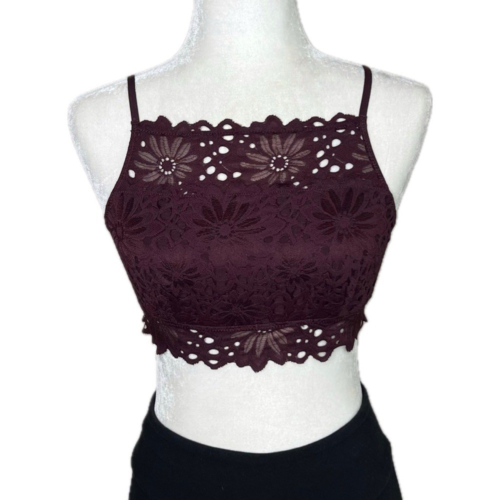 aerie Bralette High Neck Floral Lace Scalloped Festival Crop Top Burgundy Medium