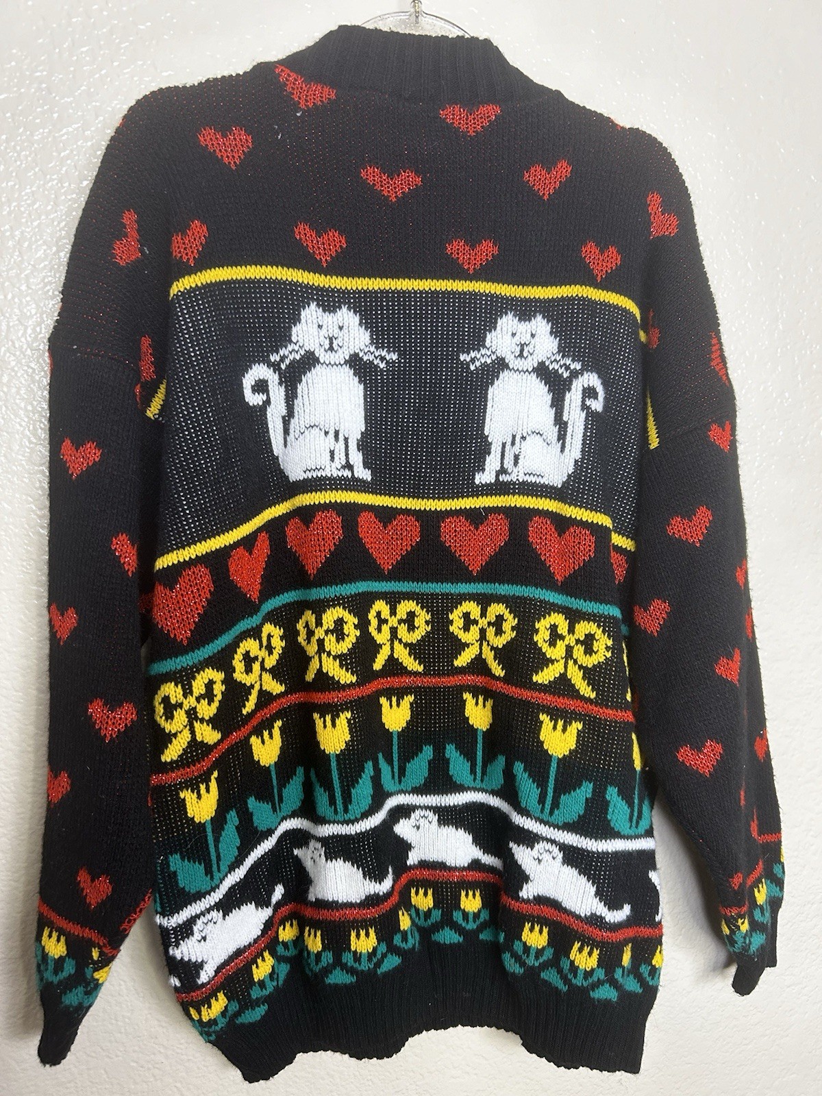 Vintage 80&rsquo;s Adele Knitwear Knit Sweater Cat & Mice USA Med/Lg Oversized Lurex