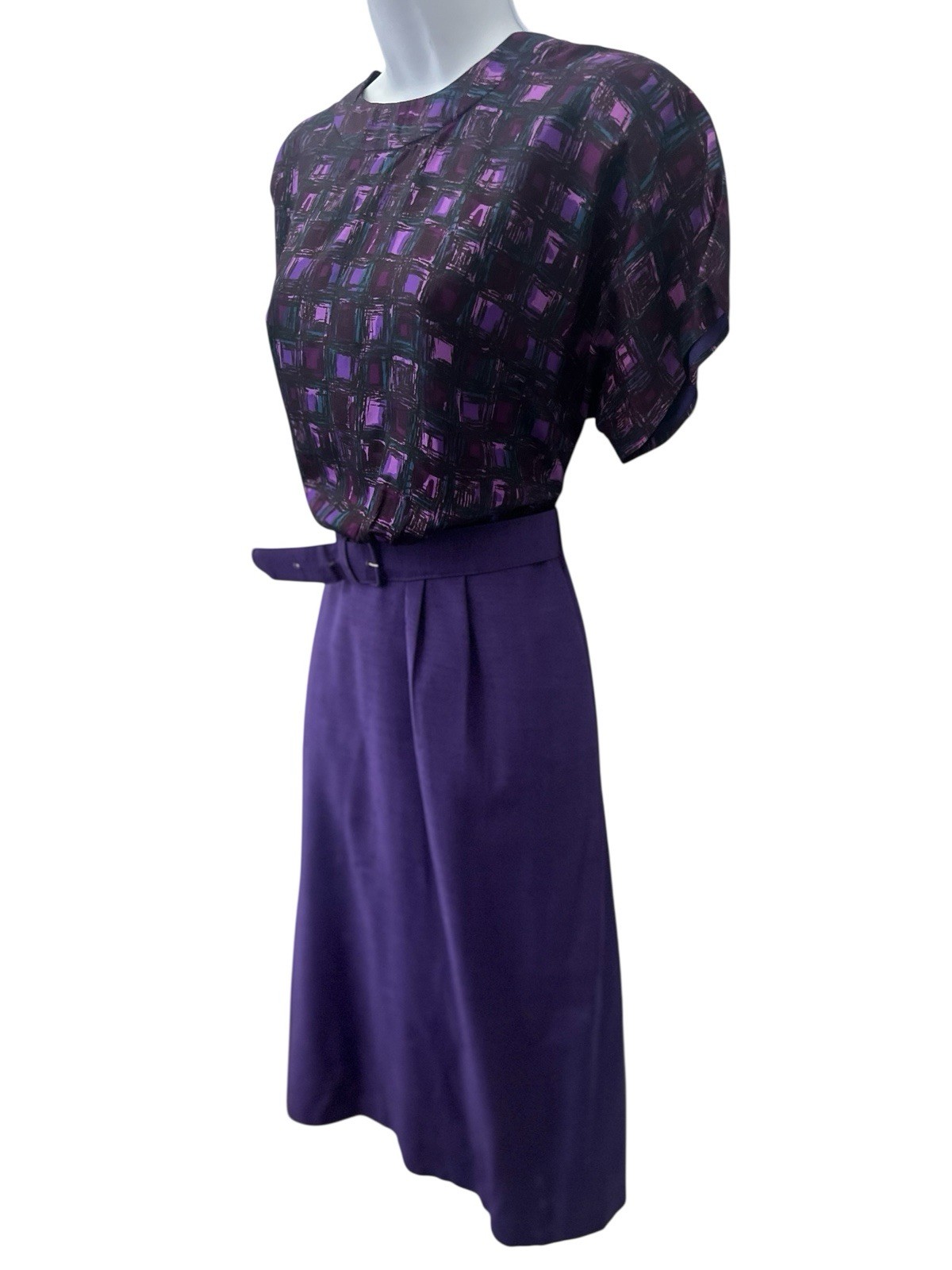 Vtg 50s Atomic Print Dress L Purple Cap Sleeve Silk Solid Skirt Belt Pencil Rare