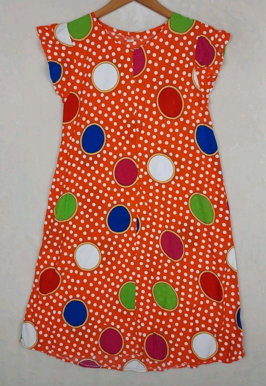 Vintage 60&rsquo;s Mayette Dress Womens Large Orange Polka Dots Pockets hippie