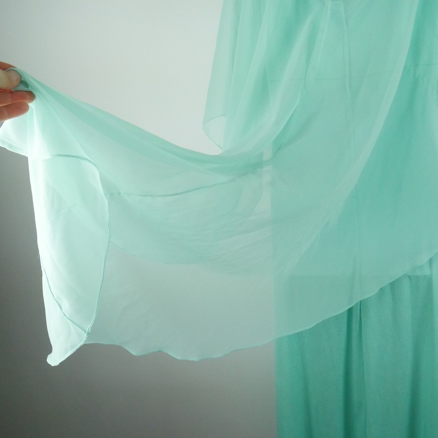 Vintage Emma Domb Mint Green Chiffon Capelet Maxi Dress 70s 60s S Hollywood Glam