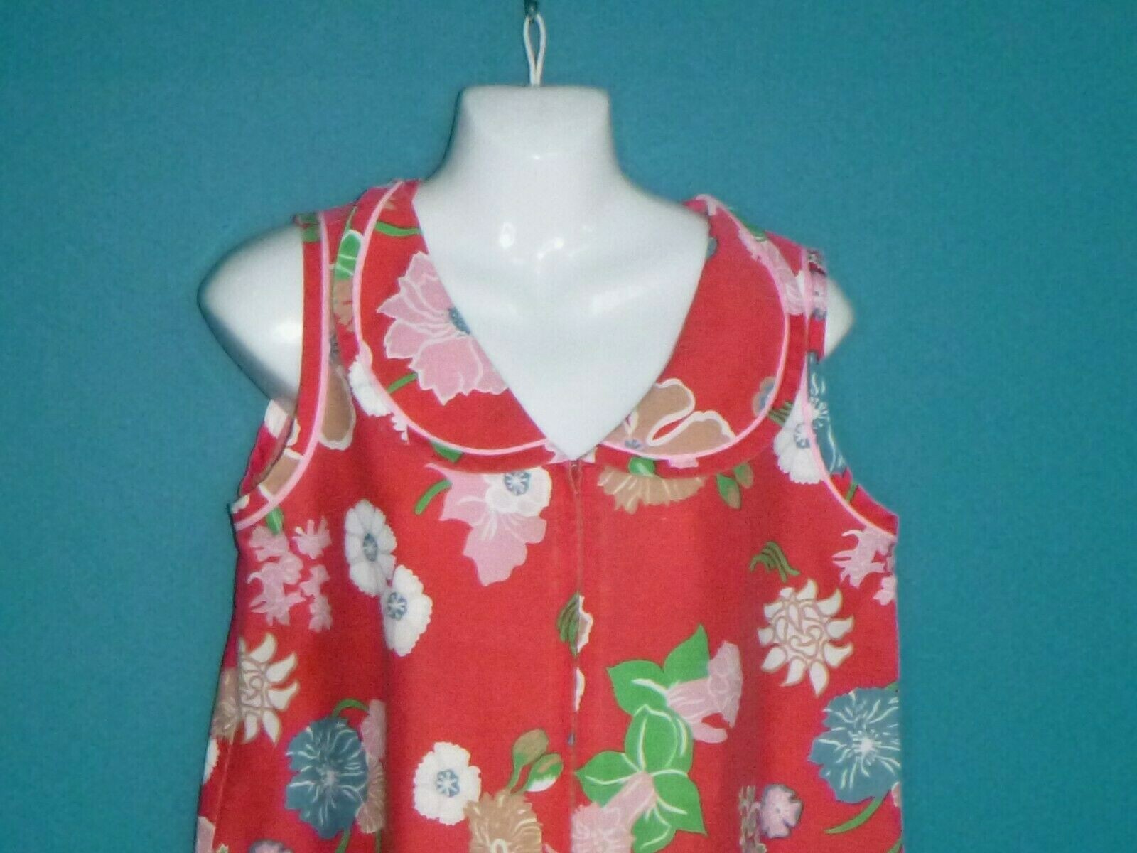 Vtg 70s Trapeze Flower Power Zip Front Day House Dress Red Tropical Floral Sz M