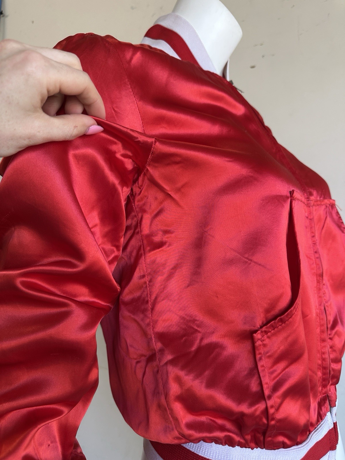 Vintage 70s Red Satin Bomber Jacket Roller Girl Farrah Fawcett Disco 1970s