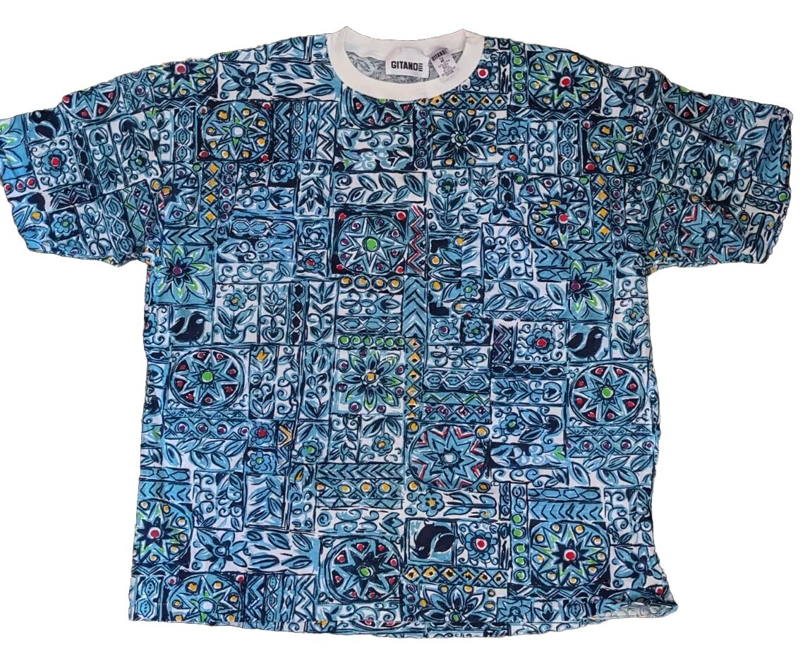 Vintage Gitano Womens Shirt 1X 1980&rsquo;s Blue Abstract Print Cotton Plus 22 42
