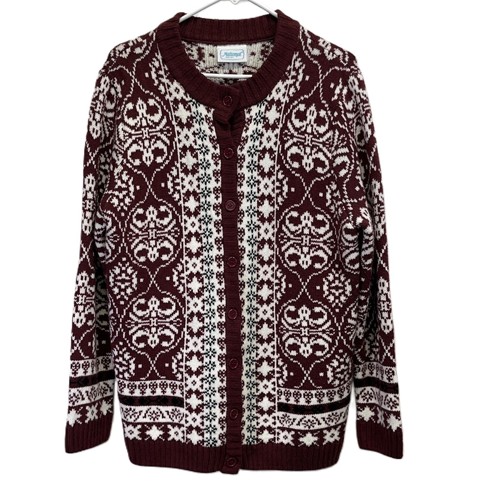 National Vintage Fair Isle Burgundy Cream Womens Button Up Cardigan Sweater