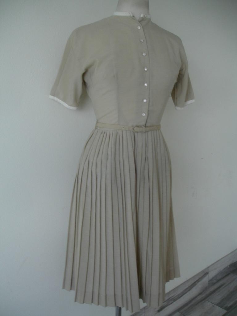 Women&rsquo;s XS S Vtg 1950&rsquo;s L&rsquo;Aiglon Dress Pleated Taupe Button-Front Belted Cotton