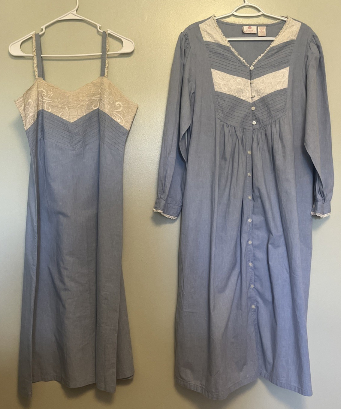 Vintage Chance Encounters Chambray Gown Robe Set M Lingerie Nightgown Pintuck