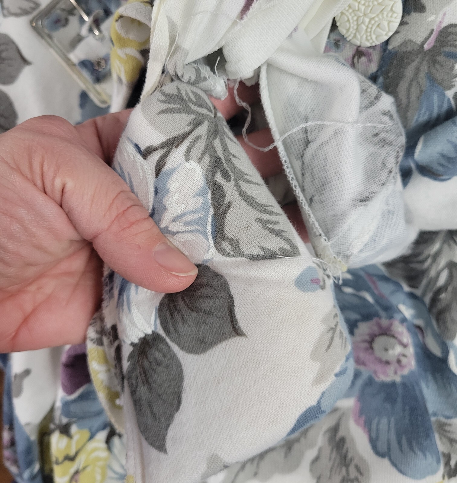 Vtg Stuart Alan Petites White/Blue/Purple Floral Blouson Knit Dress Size 8P