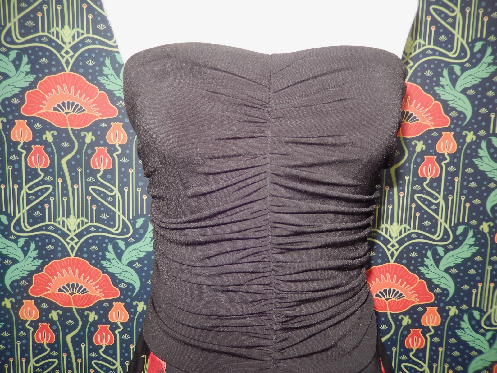 Vintage Y2k Strapless Ruched Rose Print Fit Flare Whimsigoth Party Dress