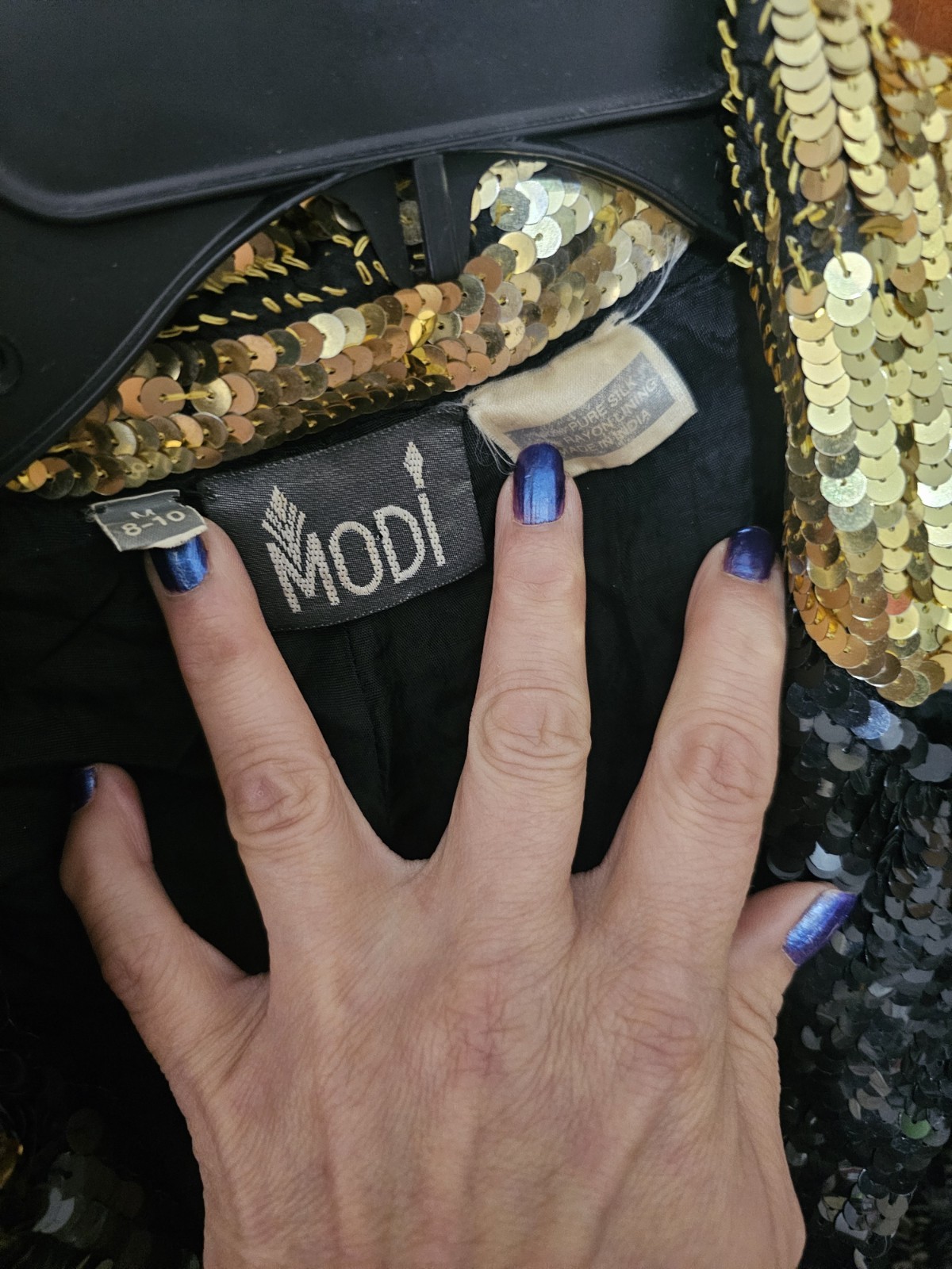 Modi Vintage Sequin Jacket Blazer 100% Silk Black And Gold