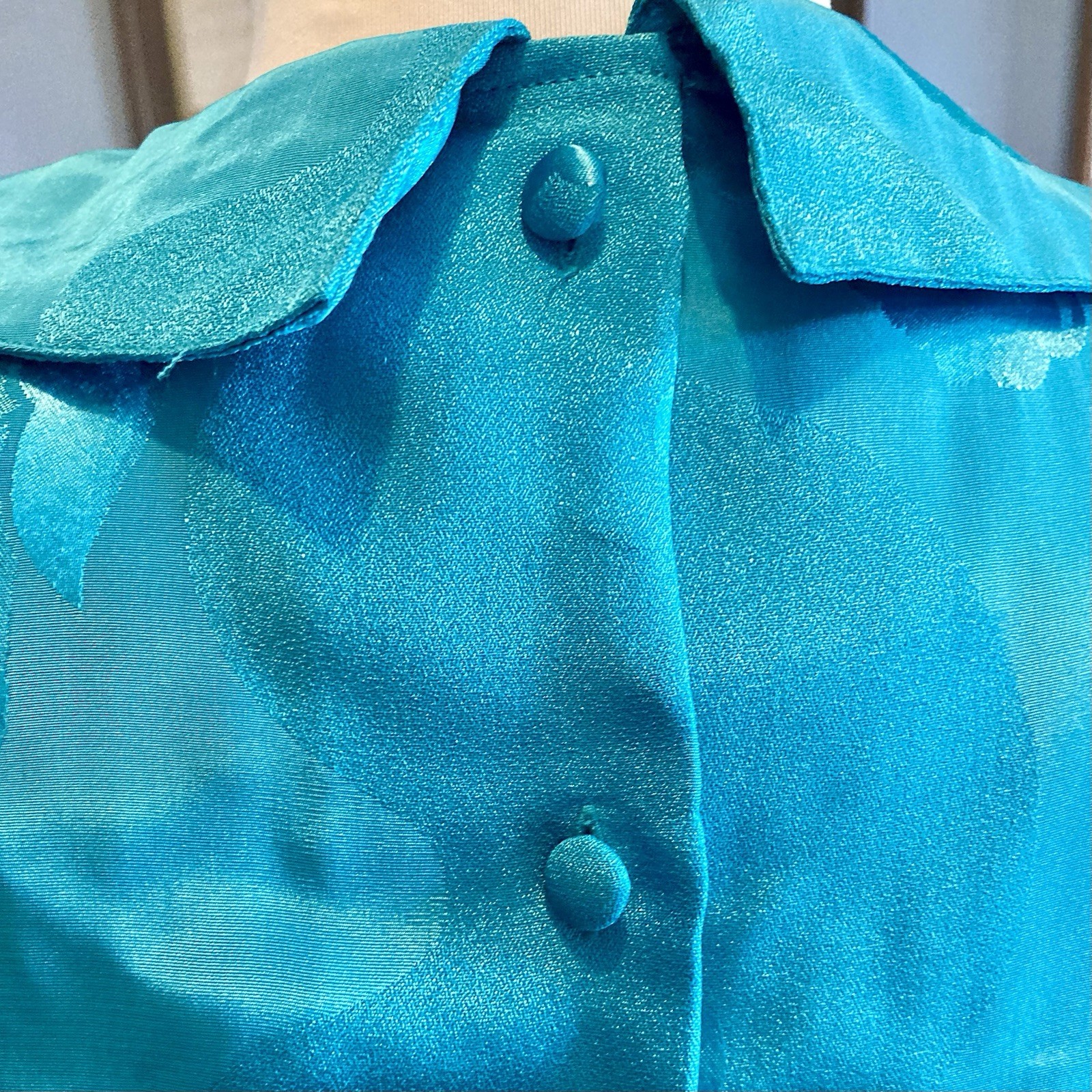 1980s Floral Teal Satin Midi Dress Quilted Belt Peter Pan Collar Wear To Work