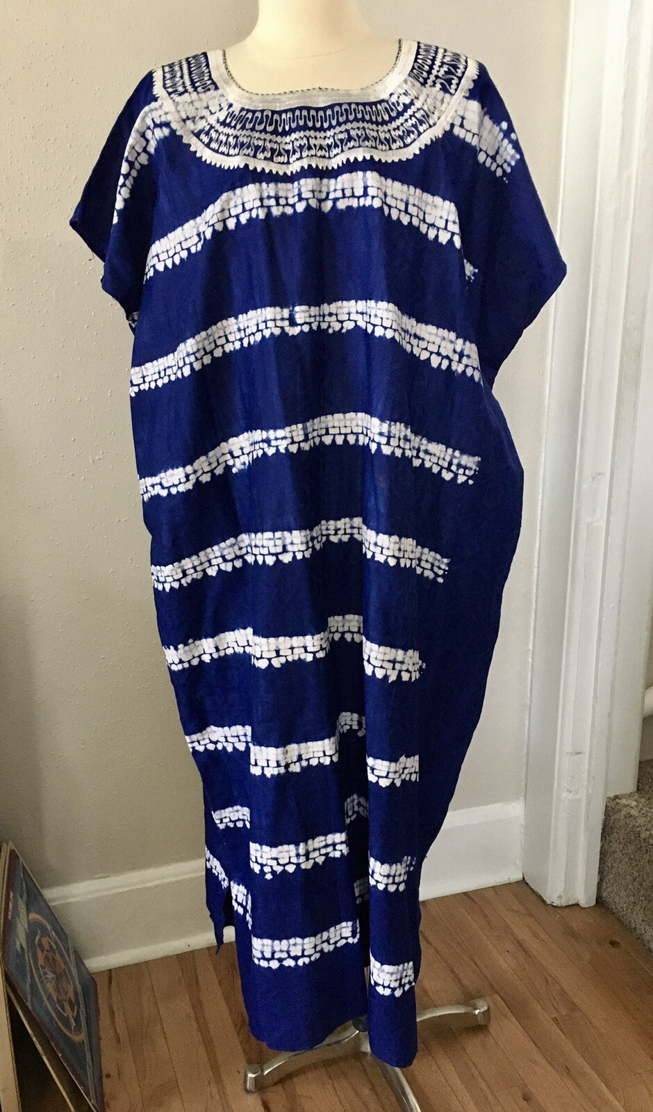 Vintage 70’s Kaftan Ethnic Caftan XXL Blue Boho Tie Due