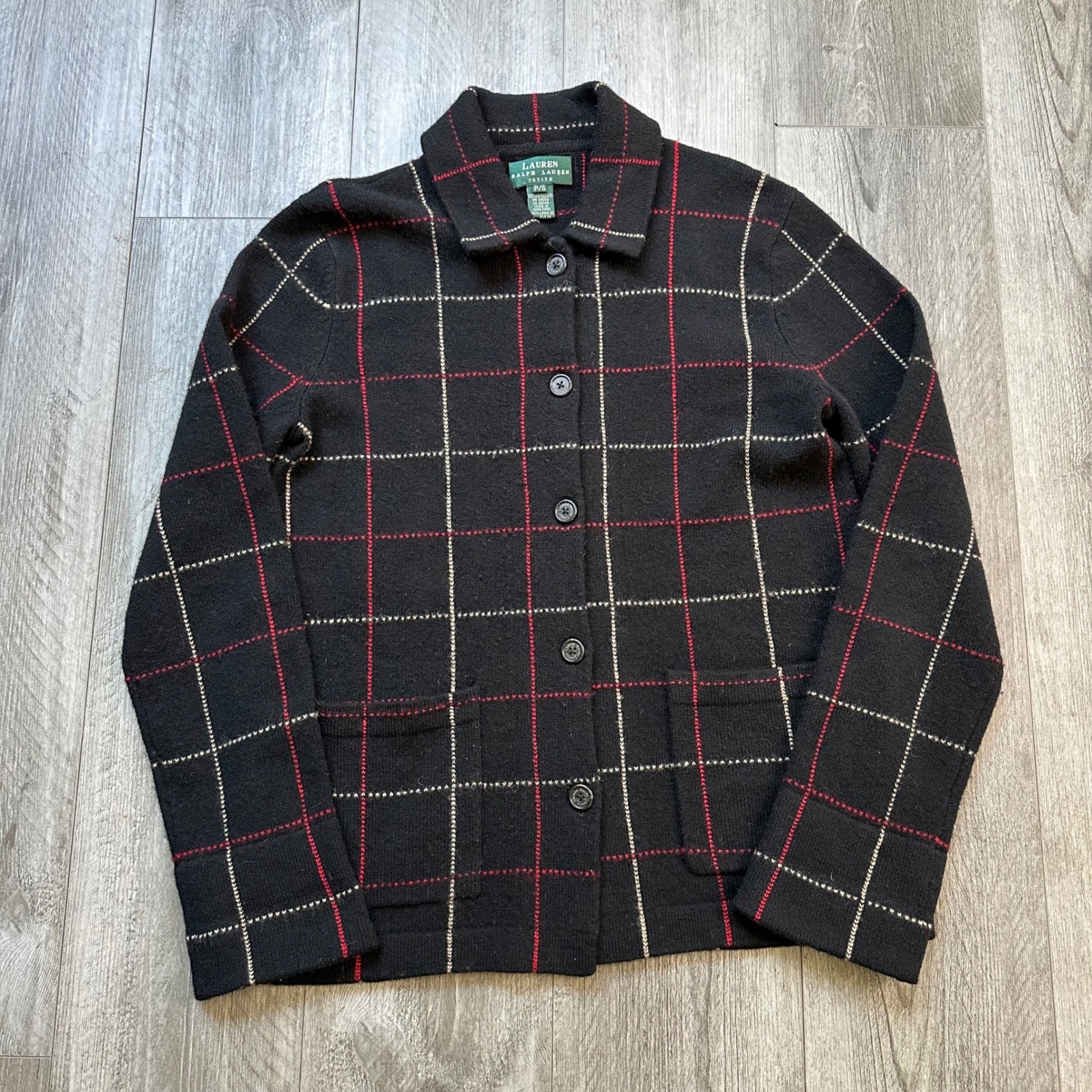 Vintage Lauren Ralph Lauren Plaid 100% lambs Wool Cardigan Petite S Black Red