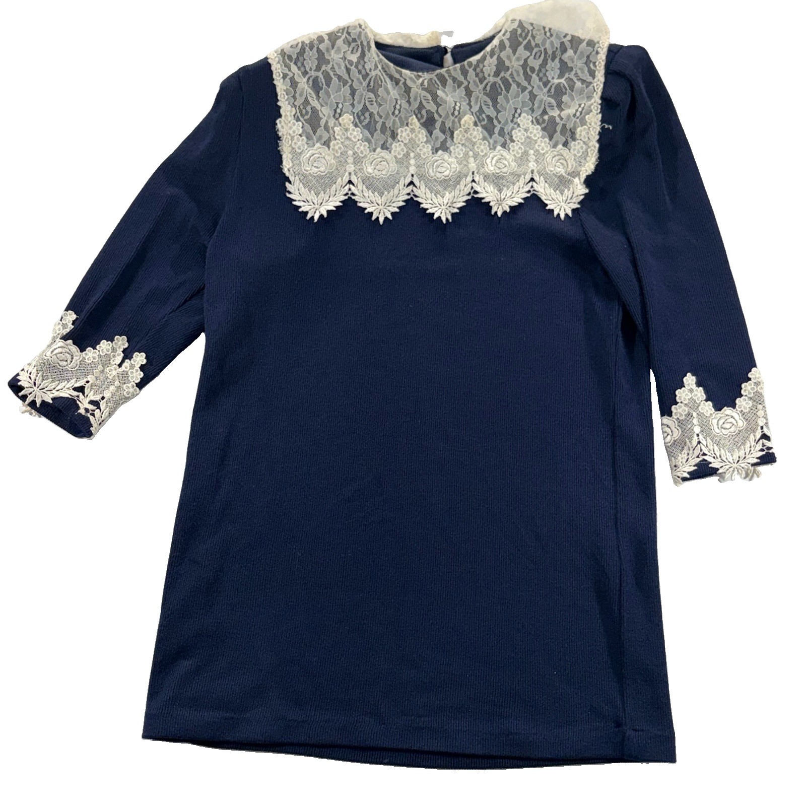 VTG Jeffrey & Dara By Linda Hutley Navy Blue Lace Collar Tunic Top Sz 12 USA