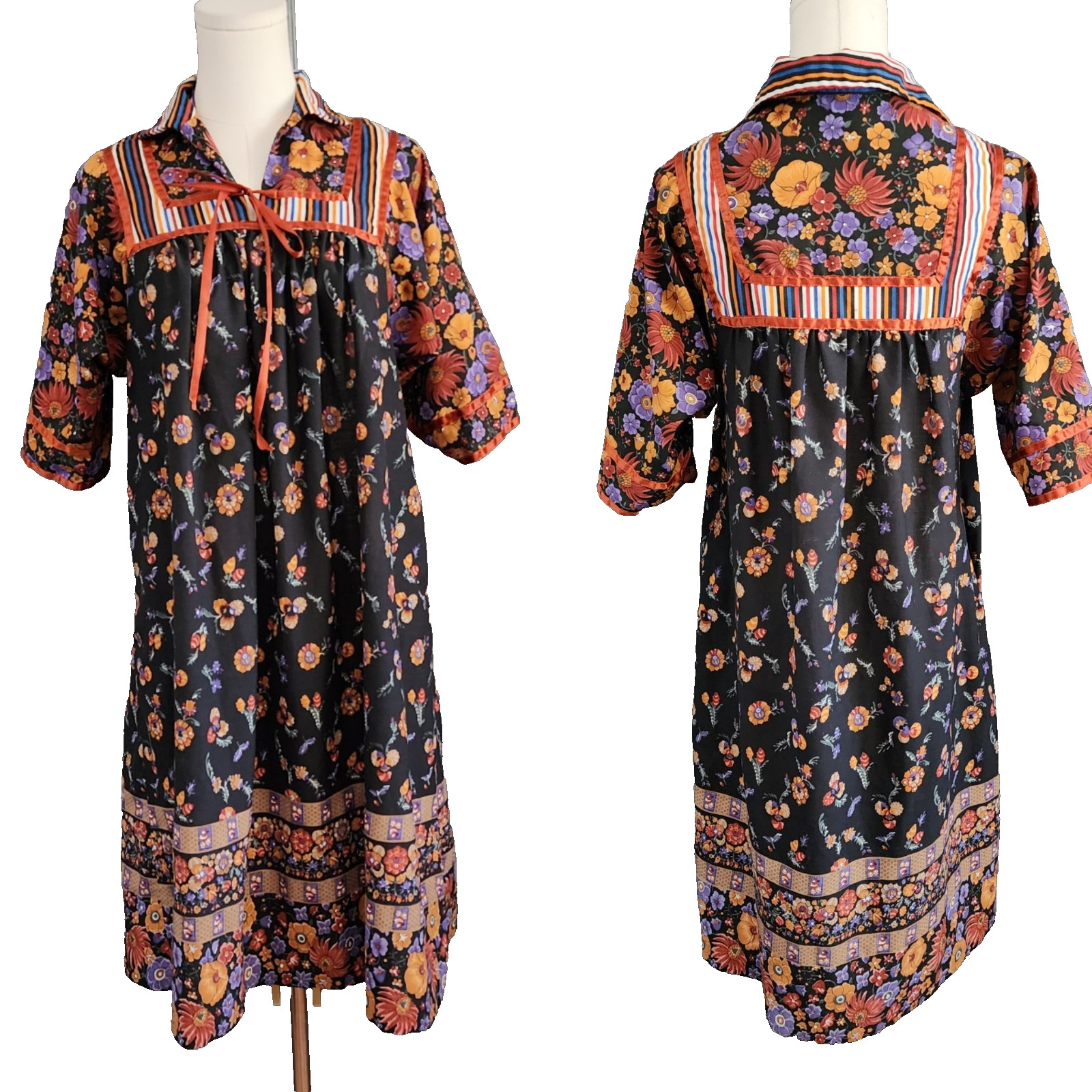 Vintage 70s Arjon California Ribbon Trim Midi Dress Prairie Cottagecore Med/Lg