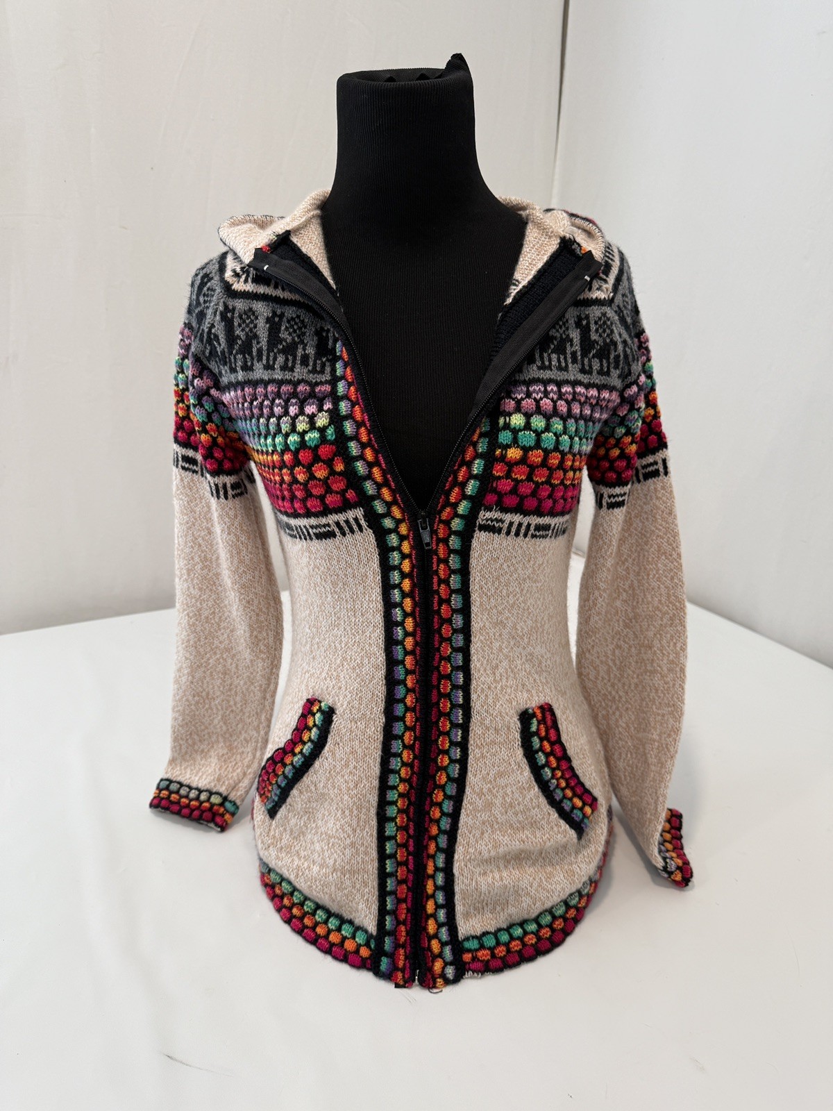 Alpaca Connection Knit Sz S Peru Hoodie Sweater Cardigan Hippy Boho Festival