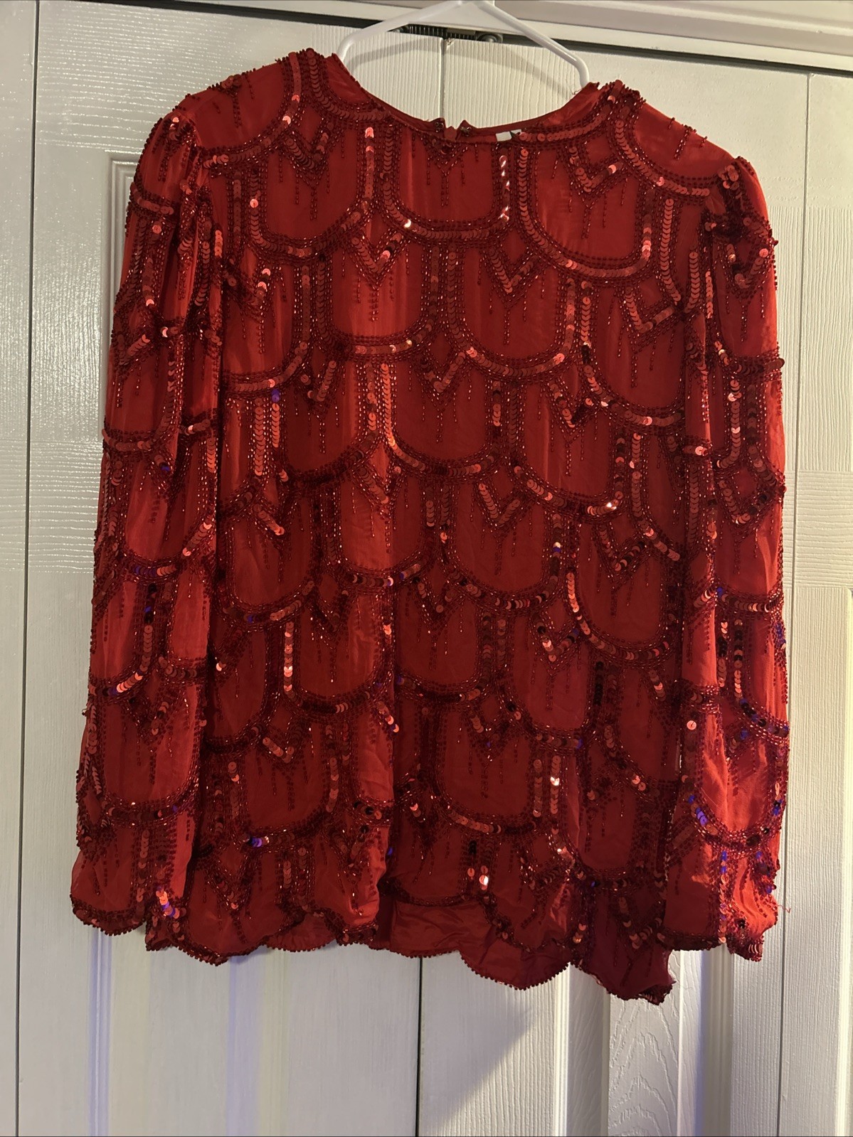 Vintage Niteline Silk Red Blouse Beaded Sequin Medium Christmas Holiday Party