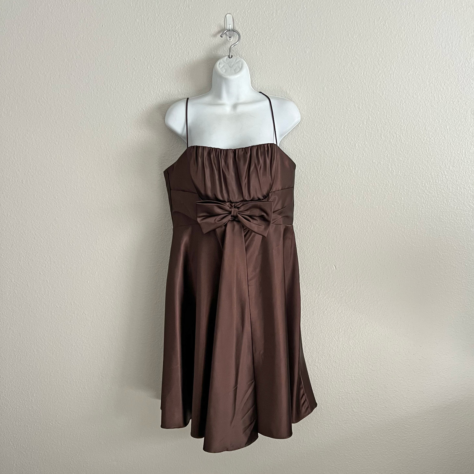 90s Jessica McClintock Chocolate Brown Satin Bow Mini Dress Formal Cocktail Sz L