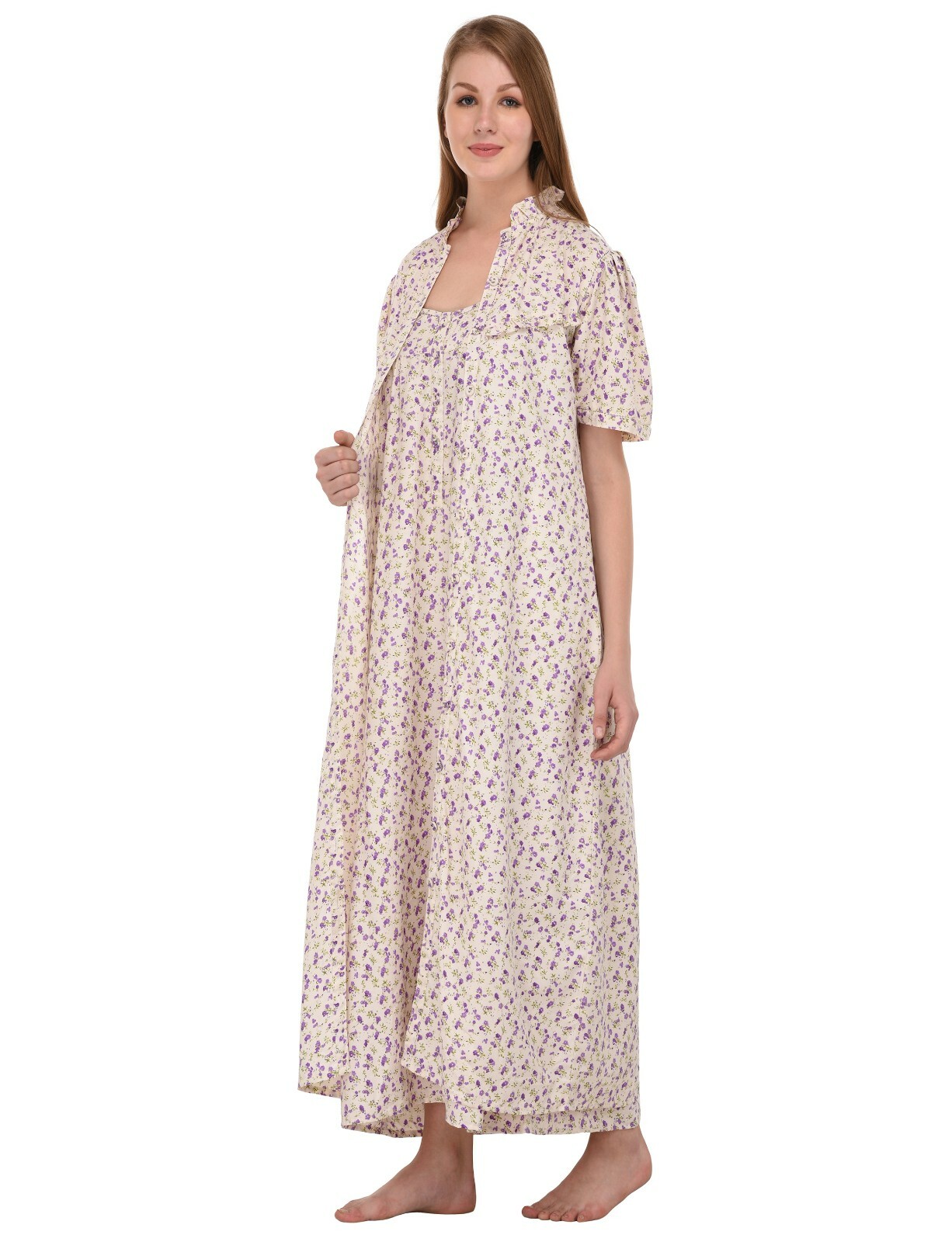 Wrinkle-Resistant Printed Nightdress/Housecoat Set | Cotton Lane