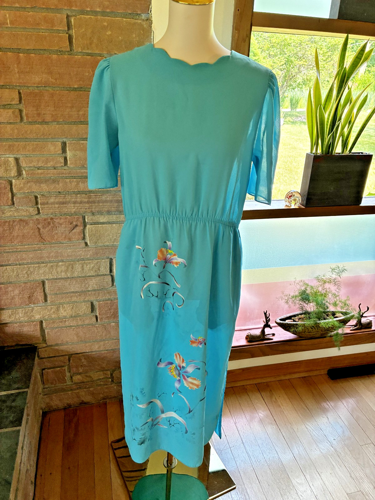 Vintage Turquoise Sheer Floral Nightgown Hollywood
