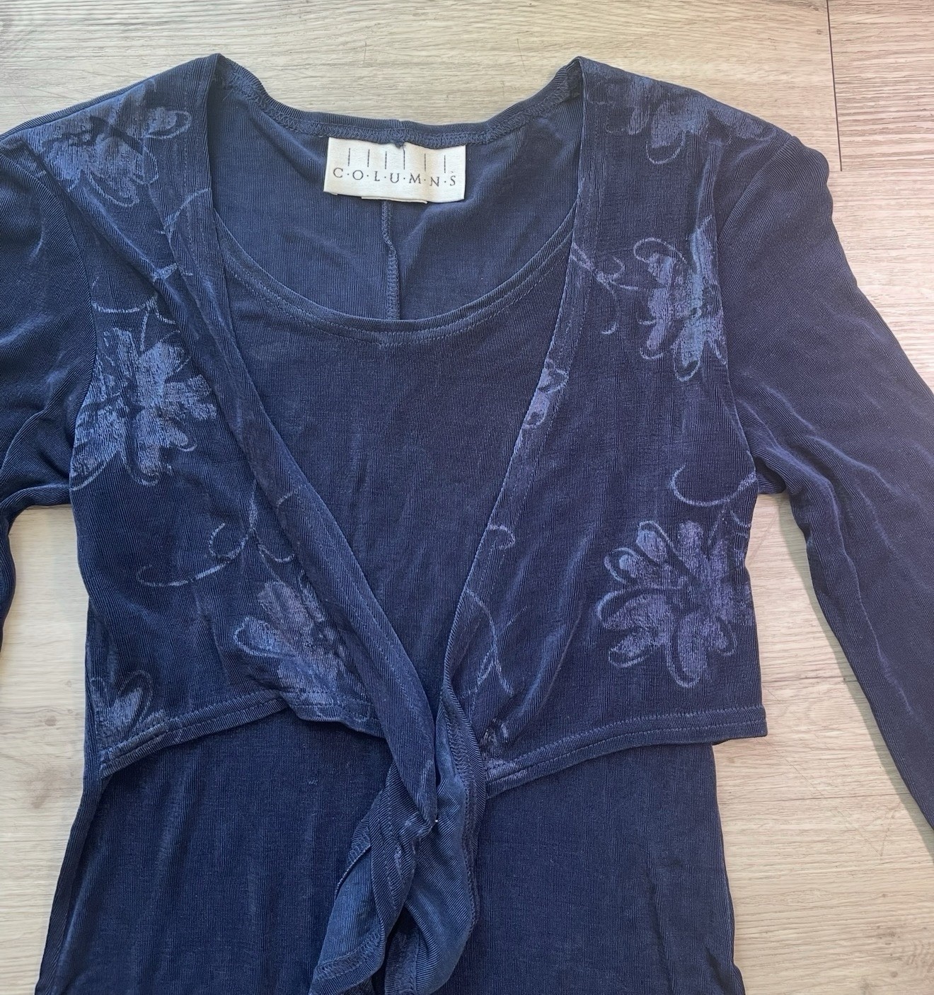 Vintage 90s Navy Blue Floral Long Sleeve Dress Grunge Knee Length Medium