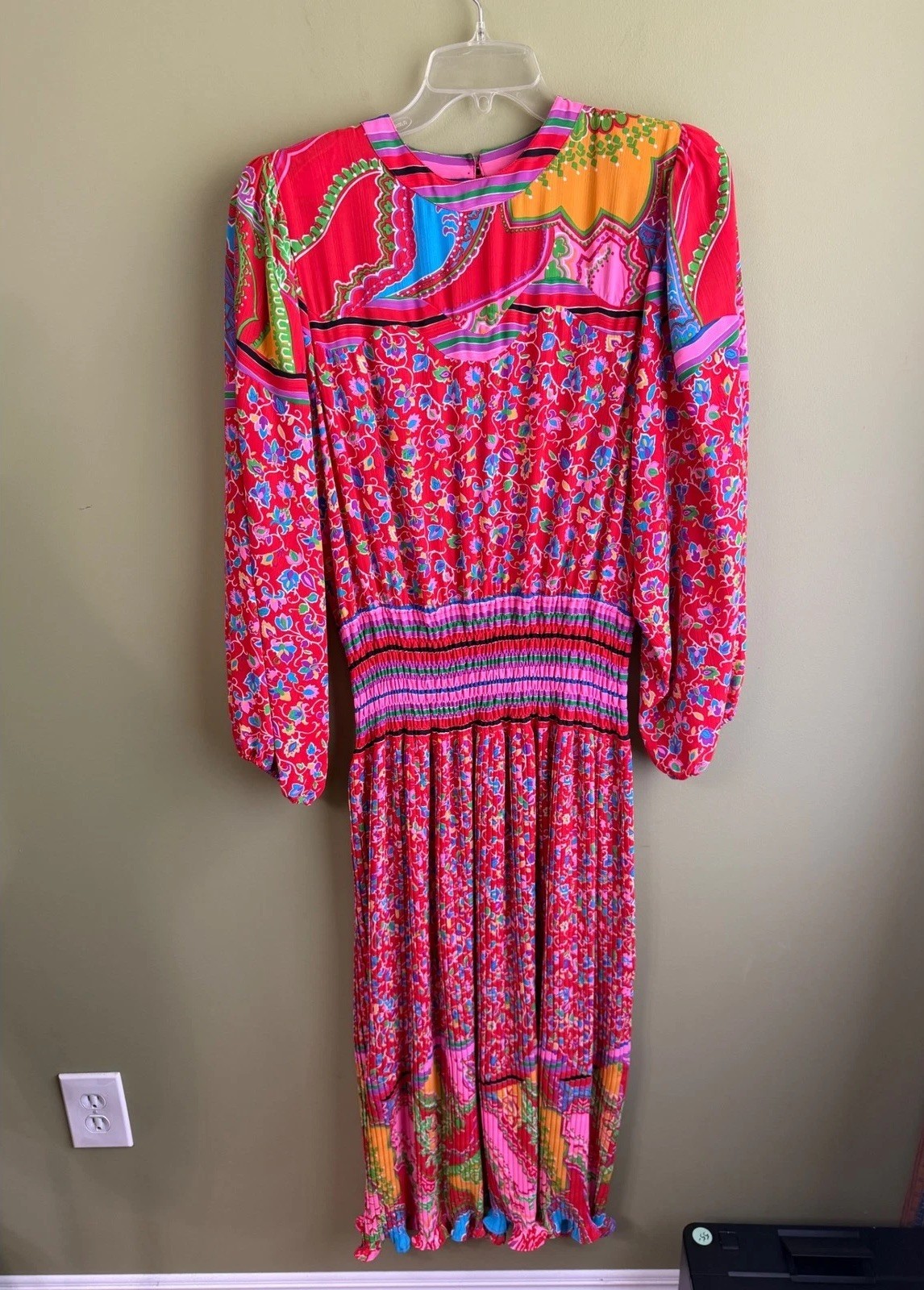 Vintage Diane Freis Georgette Maxi Dress Red Floral Paisley Smocked Pleated 80s