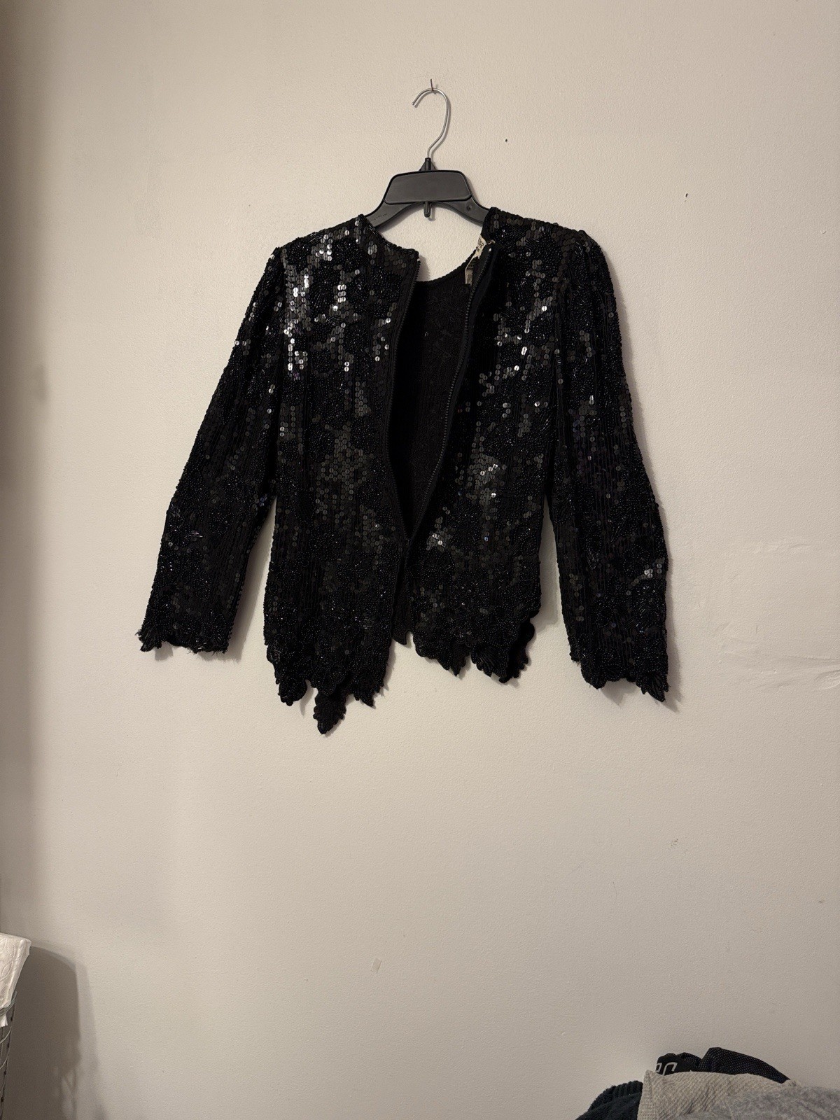 Frank Usher London Black Sequin Beaded Silk Top Small Zipper Back Vintage