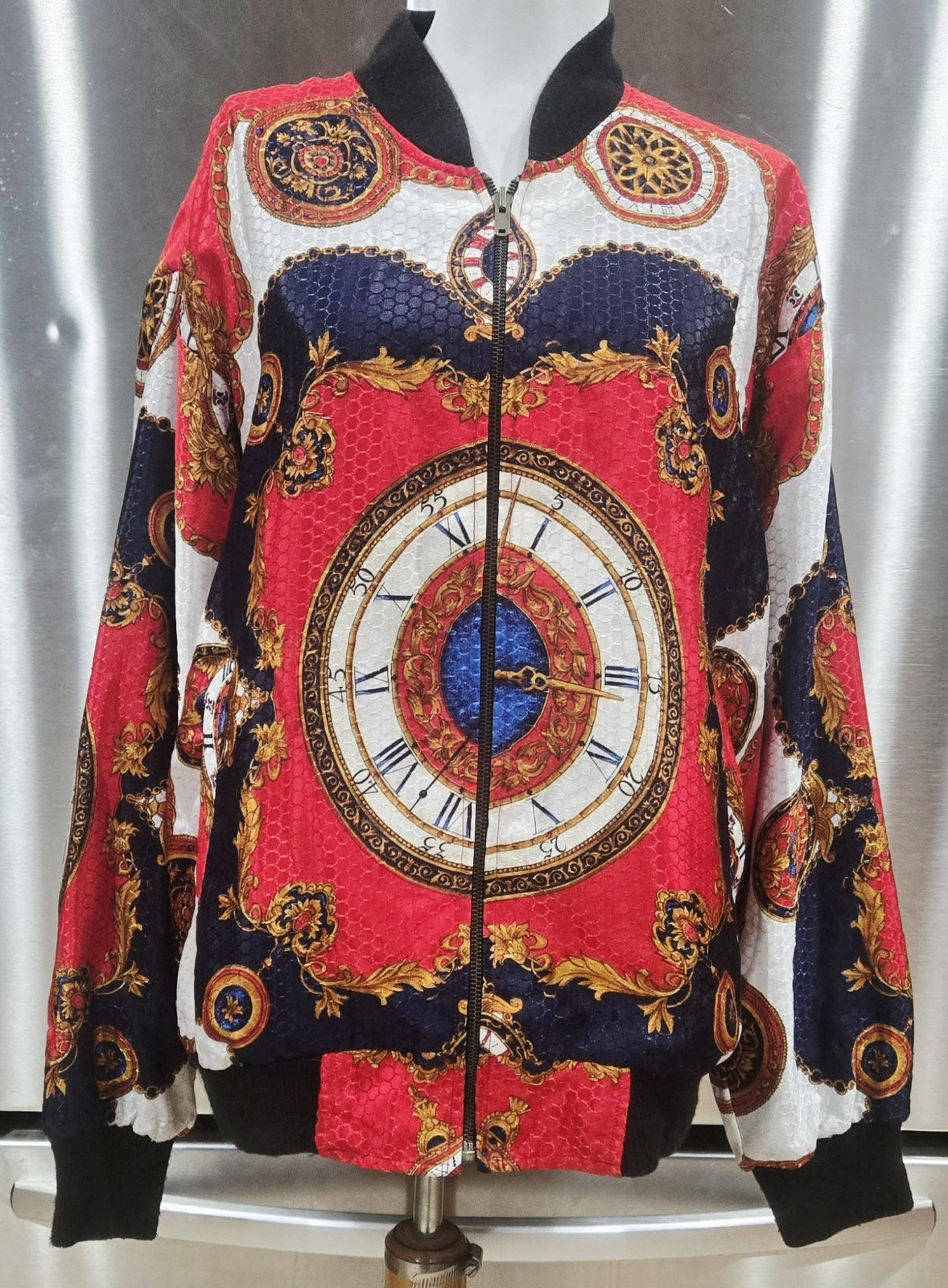 1980s Reversible Reflective Silky Baroque Clock Medallion Bomber Jacket Sz L