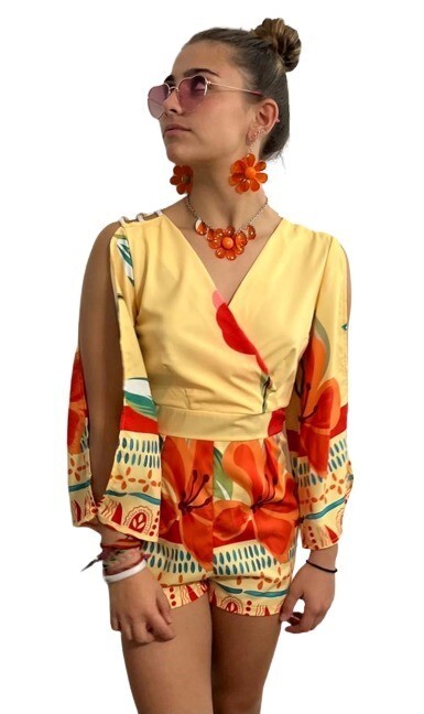 Short Romper Yellow Flower Fantasy Size S Small long Sleeves Wood Beaded Accents