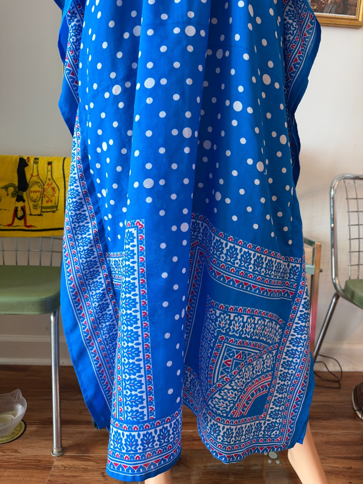 🦋 Vtg 70s Blue Polka Dot Kaftan Maxi Dress Goddess Hostess MuuMuu Batwing OS