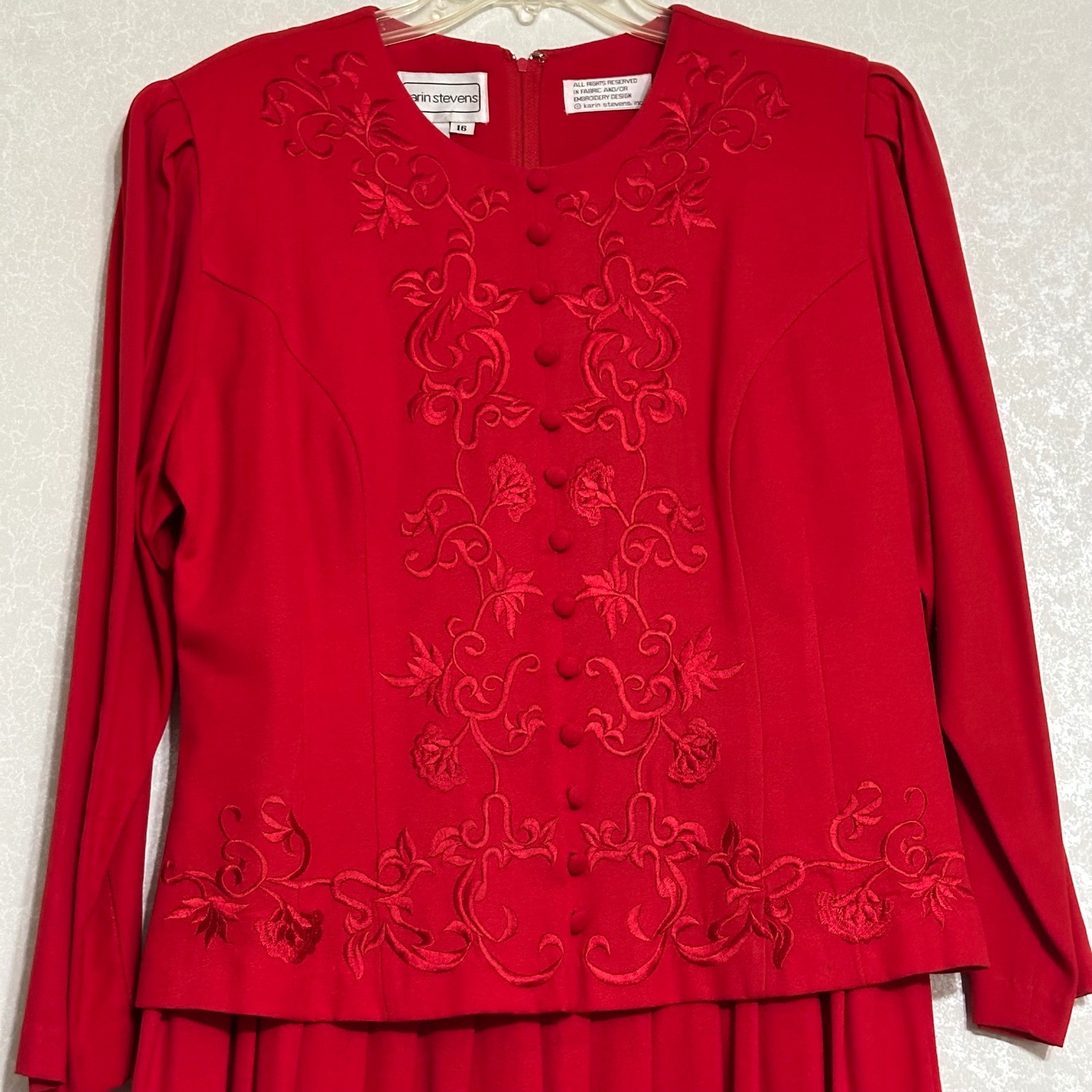 Karin Stevens Vintage 80&rsquo;s Red Floral Embroidered Long Sleeve Dress Pleated 16