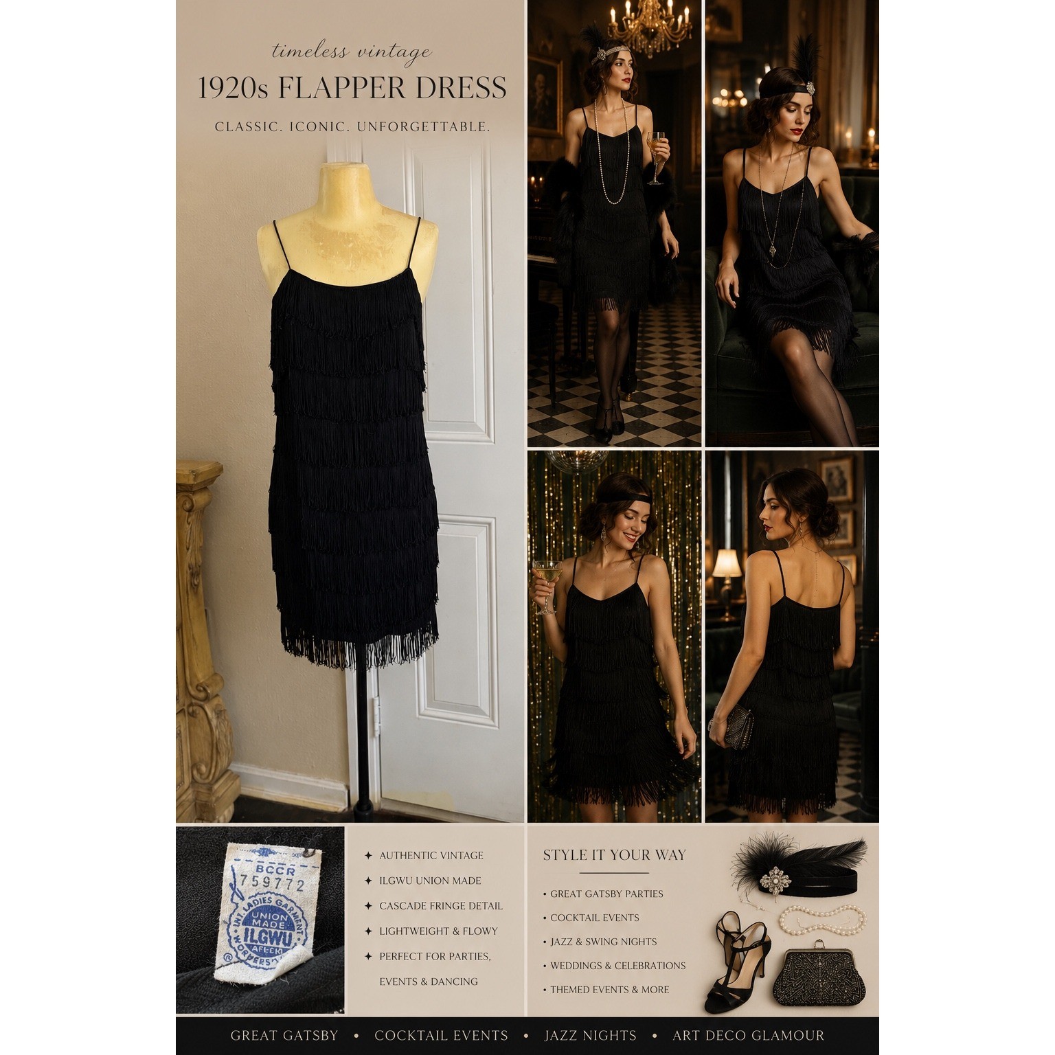 Vintage 60&rsquo;s Flapper Dress Black Fringe ILGWU Union Made Gatsby Art Deco