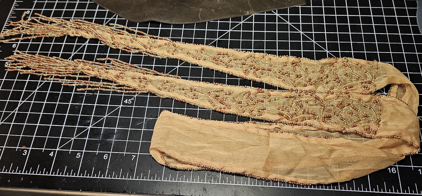 Orange/Copper Silk Chiffon Art Deco Beaded Hair, Neck, Or Waste Tie Flapper 50&Prime;