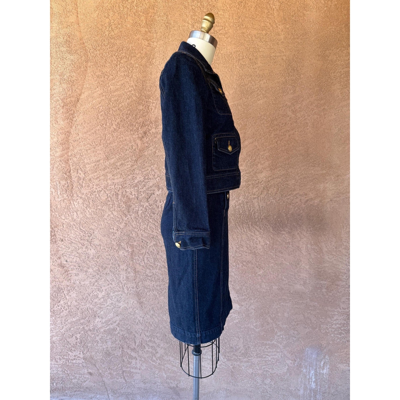 Vintage 2000s Ralph Lauren Denim Jacket & Skirt Set Gold Button Suit Petite