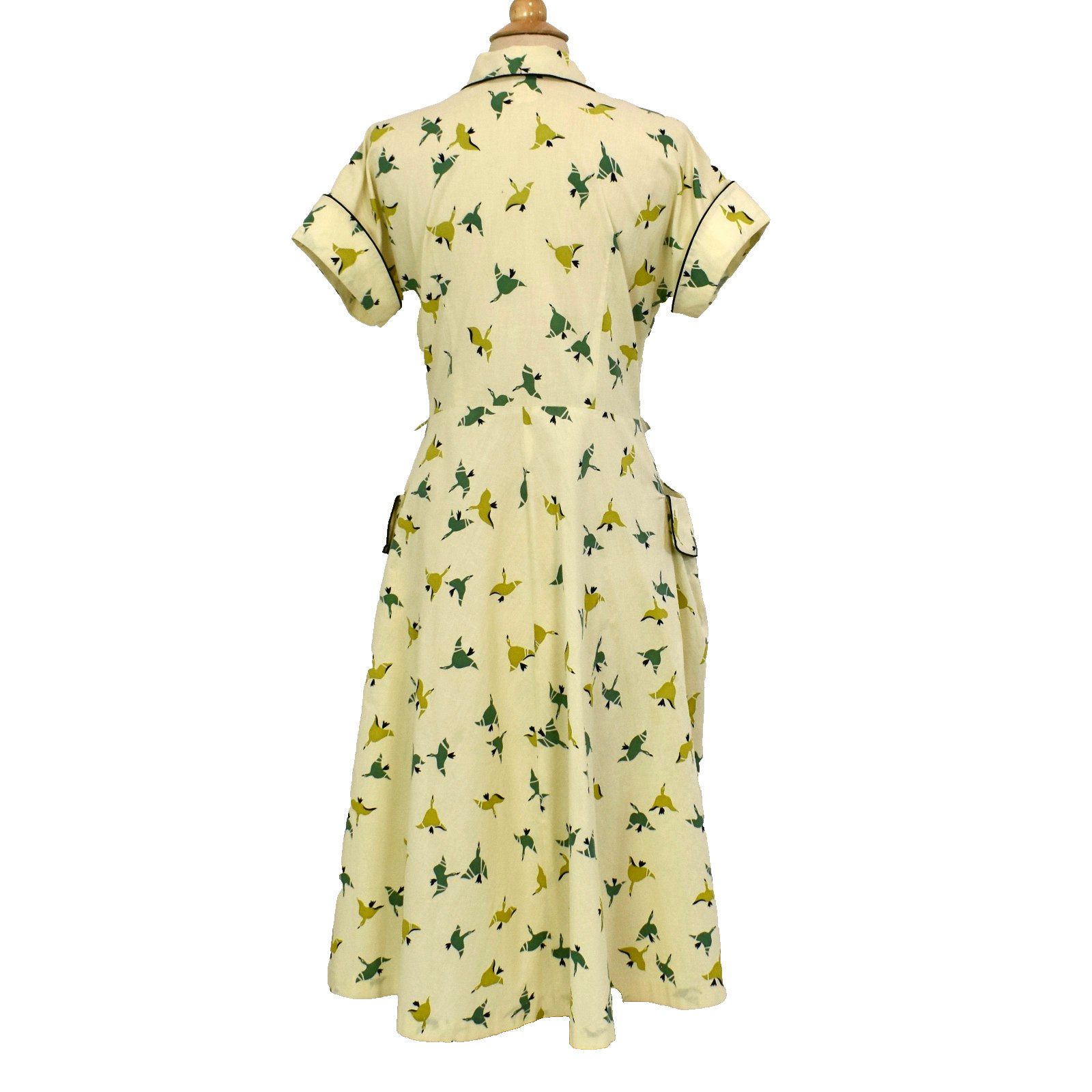 Vtg 40- 50s Day Dress/House Dress Butter Yellow Novelty Bird Print Geese L