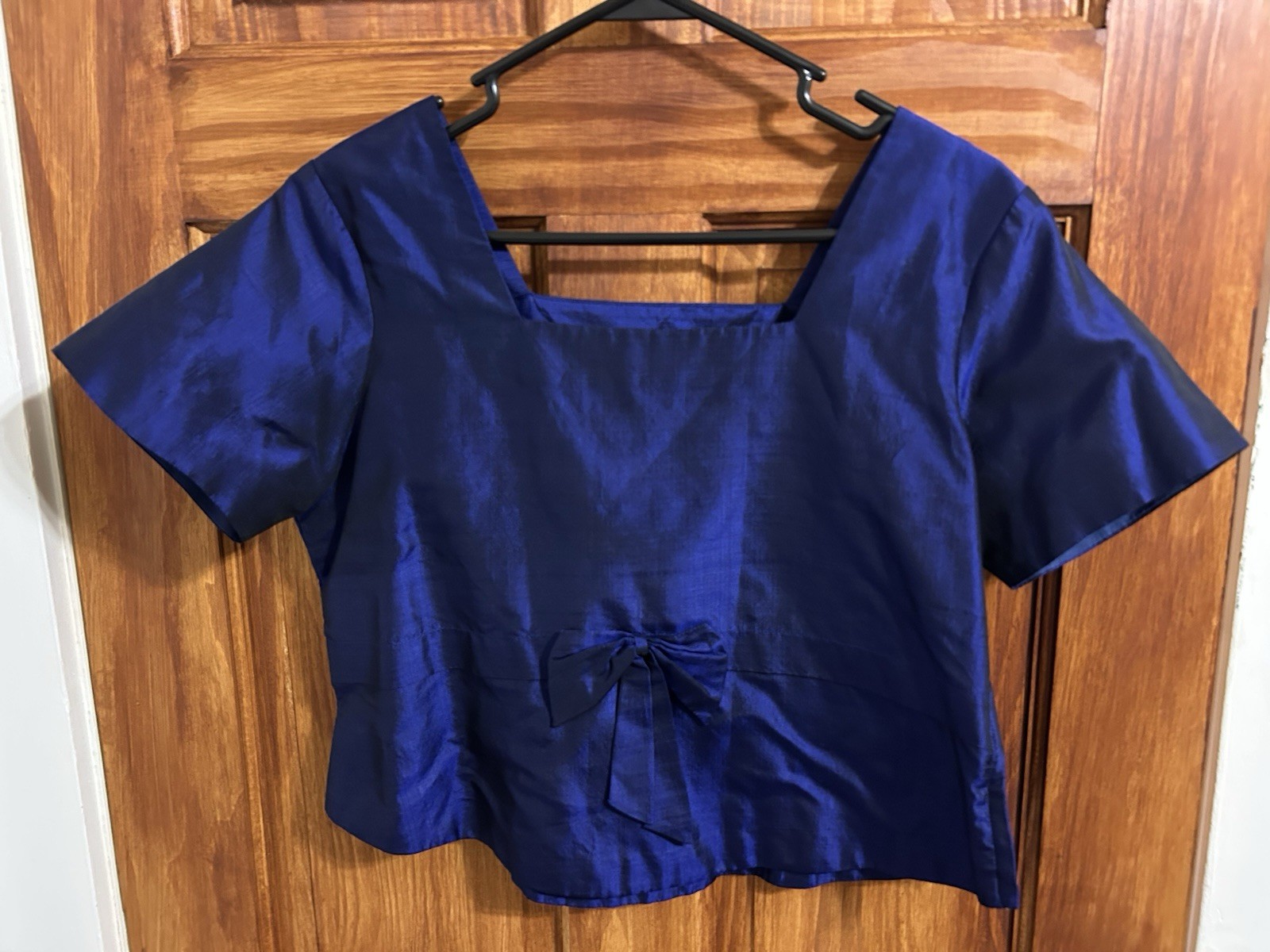 Vintage 60s Handmade Medium Blue Silk Taffeta Blouse Regency Glamour