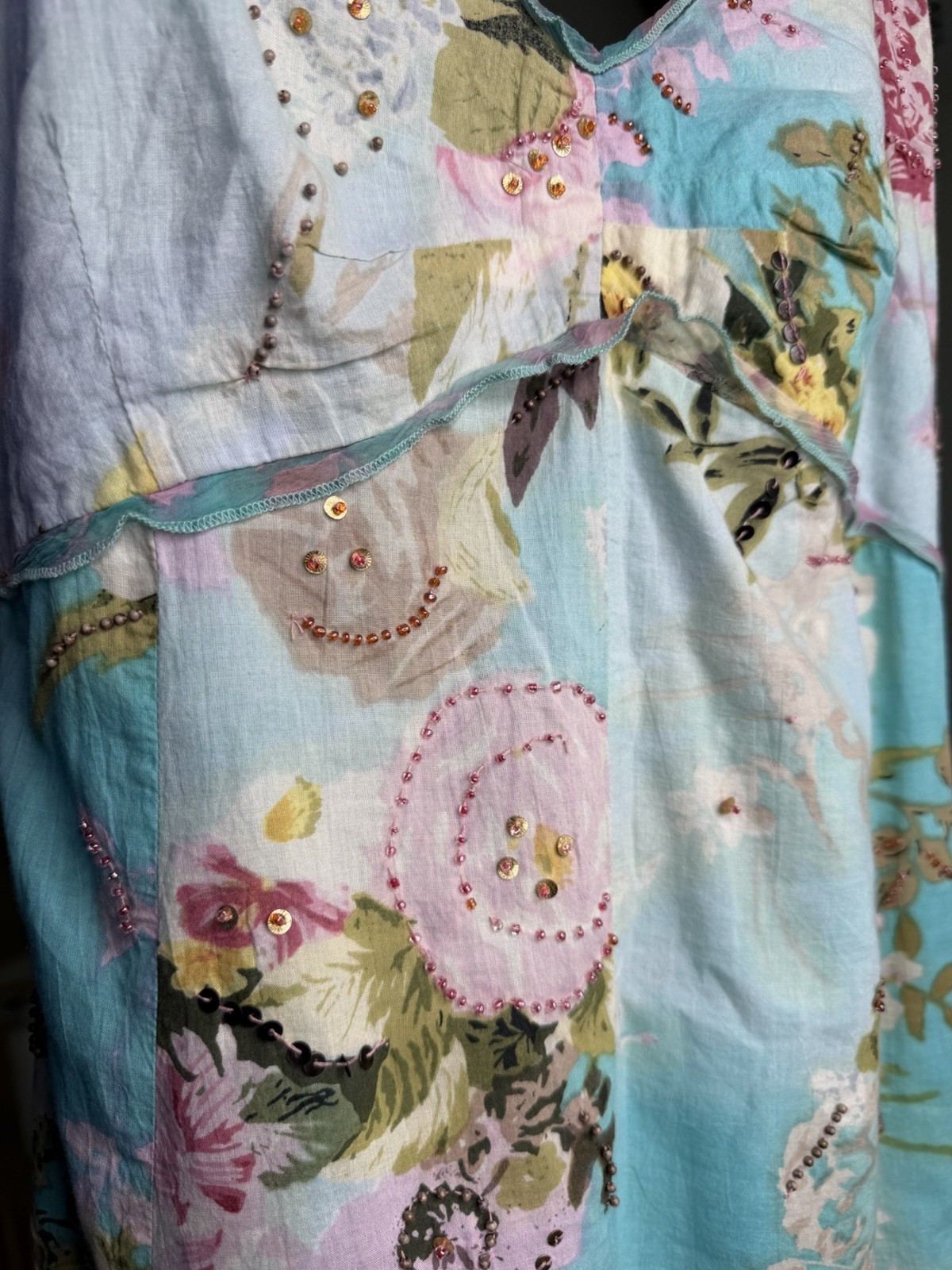 Vintage René Derhy Floral Aqua Fairy Dress Beaded Embellished Cottagecore Y2K