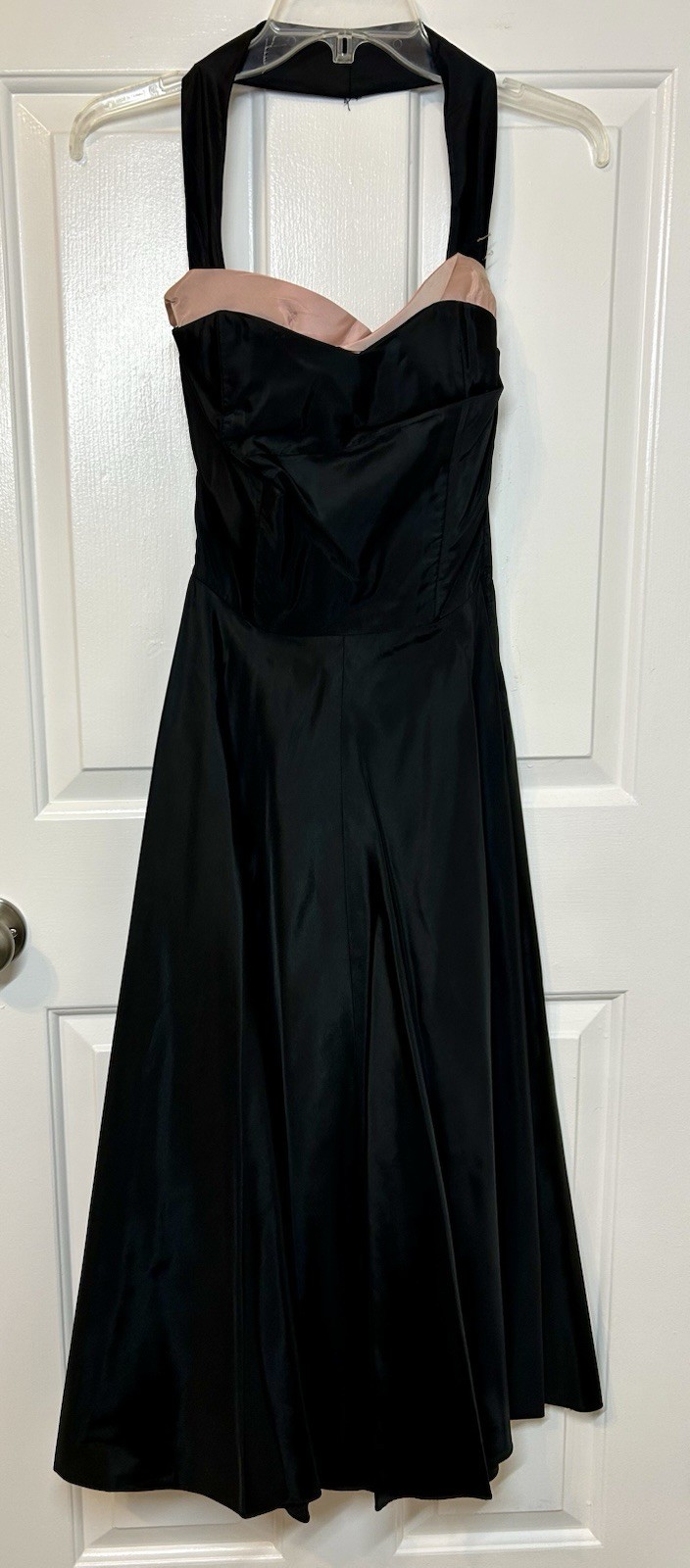 VTG 1950s SZ S Handmade black Satin acetate halter dress Pink Trim NEEDS REPAIRS