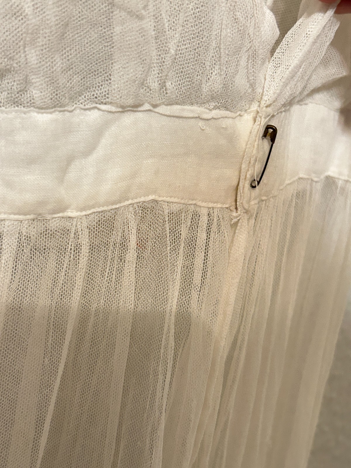 READ Edwardian Antique XXS Net Lace Gown Tea Lawn Dress Tiered Skirt Wedding
