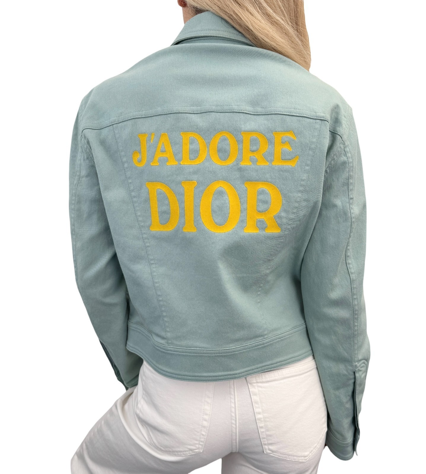 Christian Dior Vintage 2001 J&rsquo;ADORE Logo Denim Twill Jacket #36 Blue Yellow