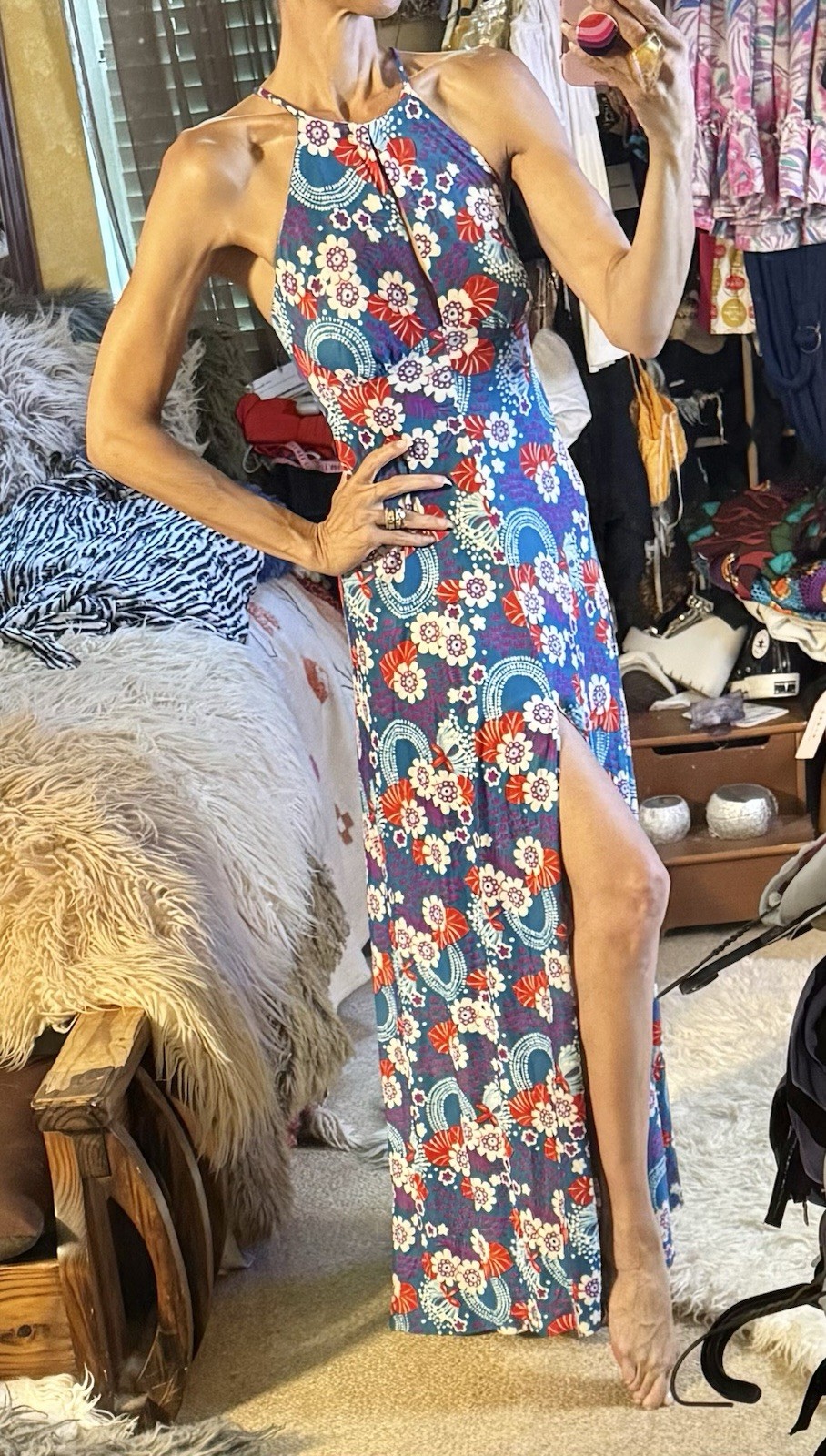 Vtg Psychadelic Empire Open Back Side Slit Maxi Dress Goddess Peep XS 60s 70s