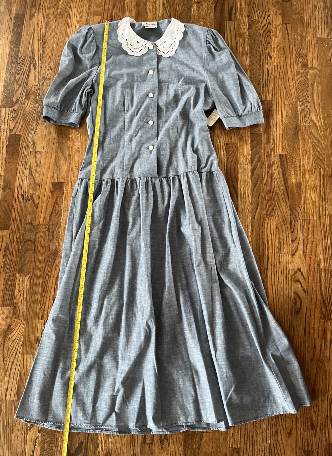 Vintage Light Blue Denim Chambray Modest Cottagecore Dress w/Lace Collar Sz 9/10