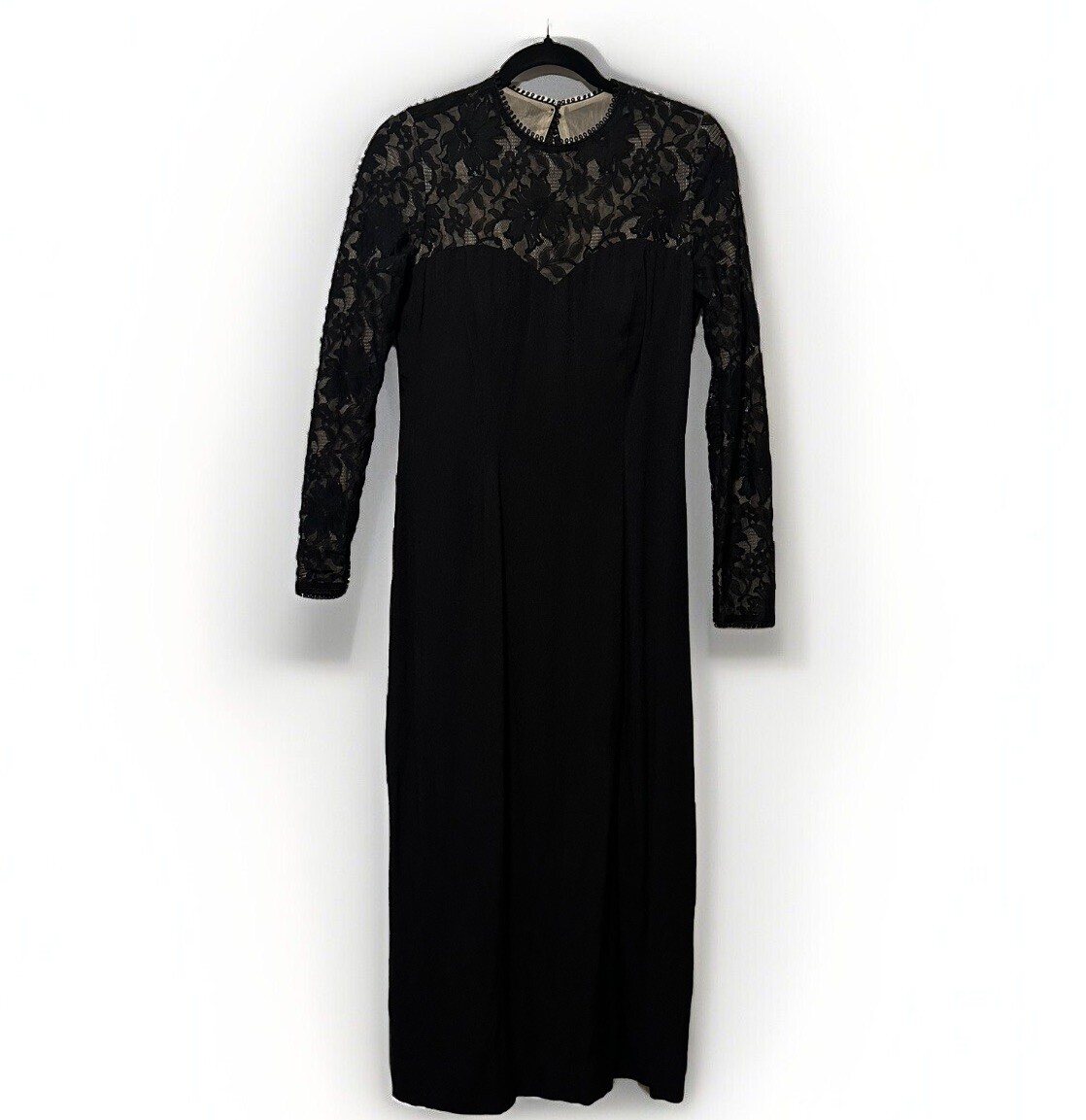 Vintage 80s Lace Long Sleeve Dress Black Medium Crepe Midi Slit House of Bianchi