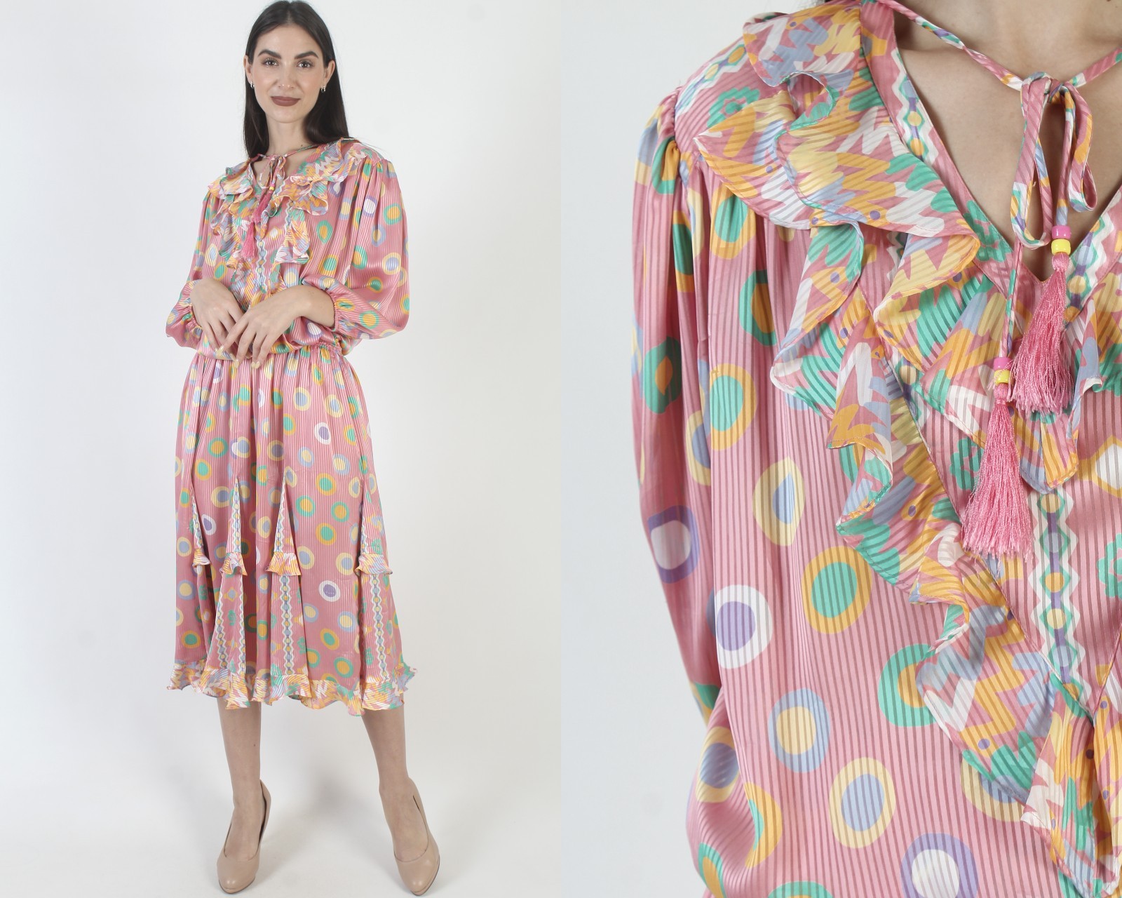 Vtg 80s Mosaic Brand Dress Smocked Polka Dot Print Georgette Cocktail Party Midi