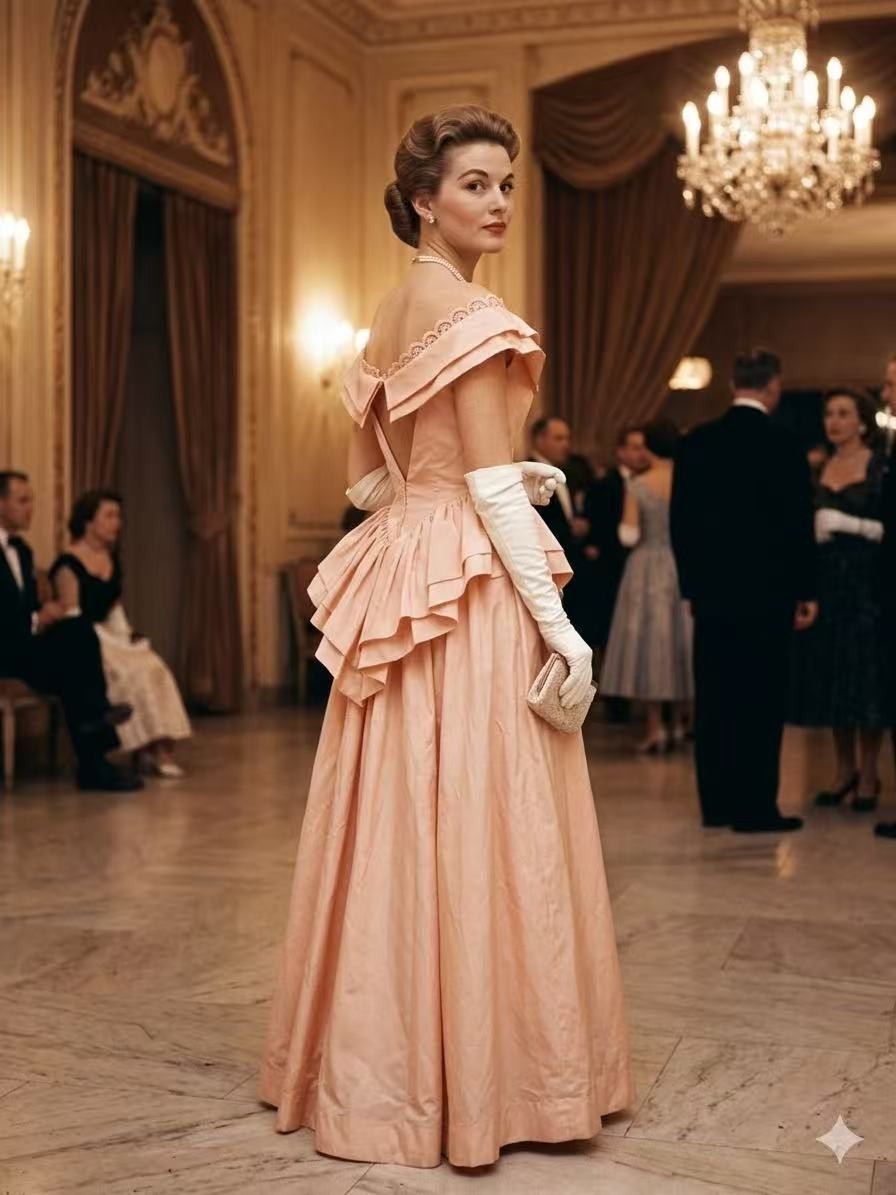 Vintage 40s 50s Peach Pink Taffeta Off Shoulder Gown Peplum Talon AS IS XS