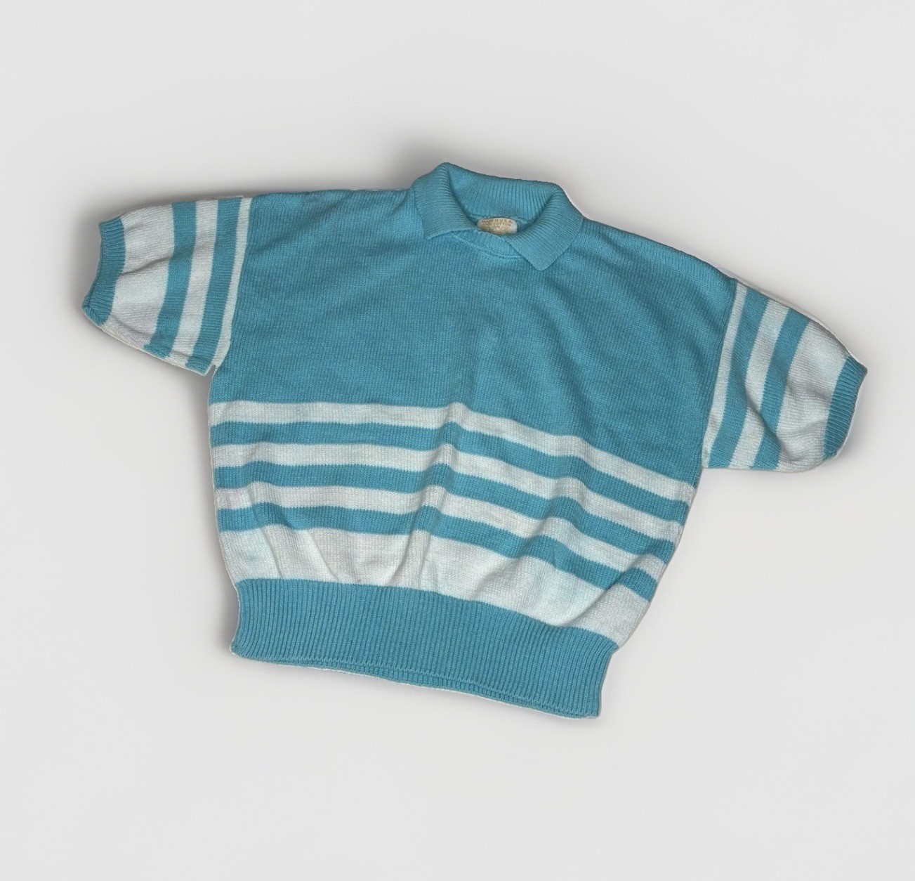 Vtg 80s Gap Short Sleeve Sweater Polo Knit Striped Collared Turquoise Blue USA