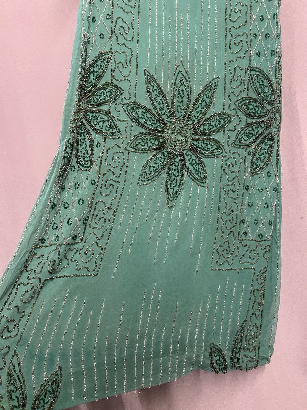 Beautiful 1920’s Green Silk Chiffon Beaded Evening Gown